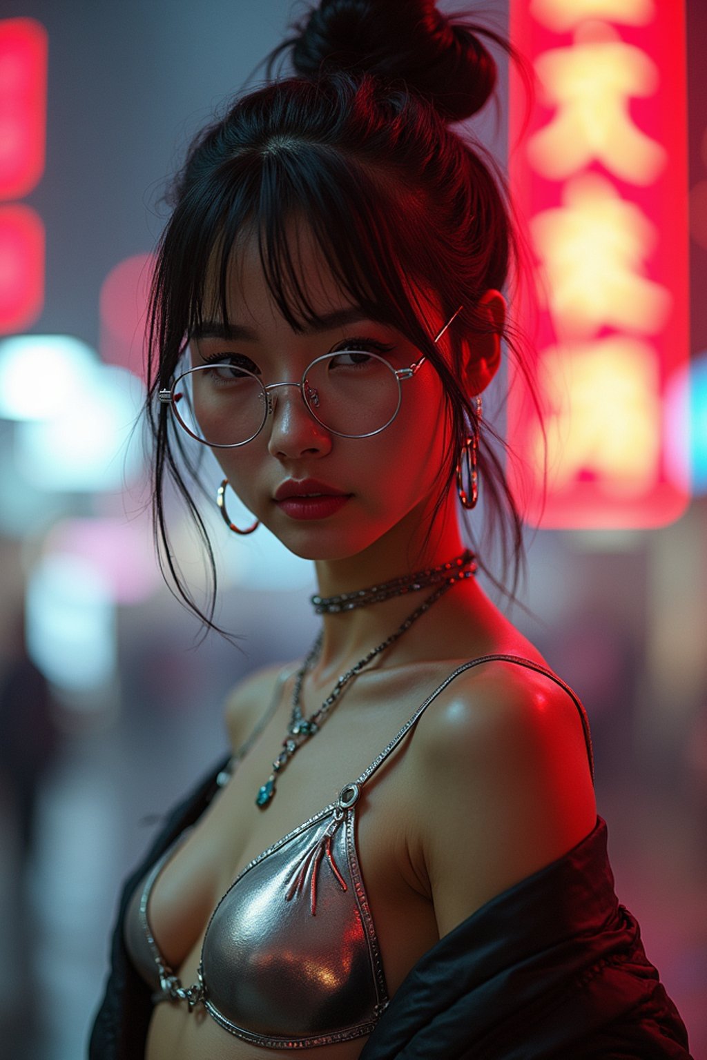 a detailed portrait of intelligent woman actress with thin frame hipster glasses wearing silver bikini and jacket, in a cyberpunk bladerunner vaporwave city, (cyberpunk), city from year 2300, red lights neon, 90s hair bun style,