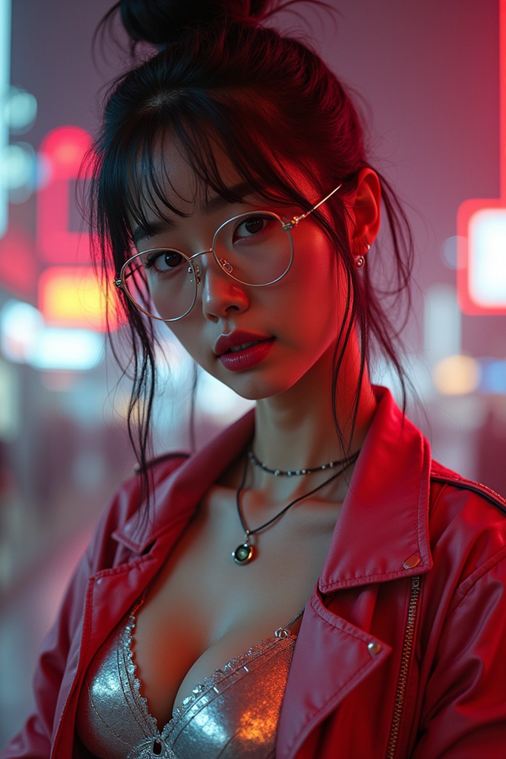 a detailed portrait of intelligent woman actress with thin frame hipster glasses wearing silver bikini and jacket, in a cyberpunk bladerunner vaporwave city, (cyberpunk), city from year 2300, red lights neon, 90s hair bun style,