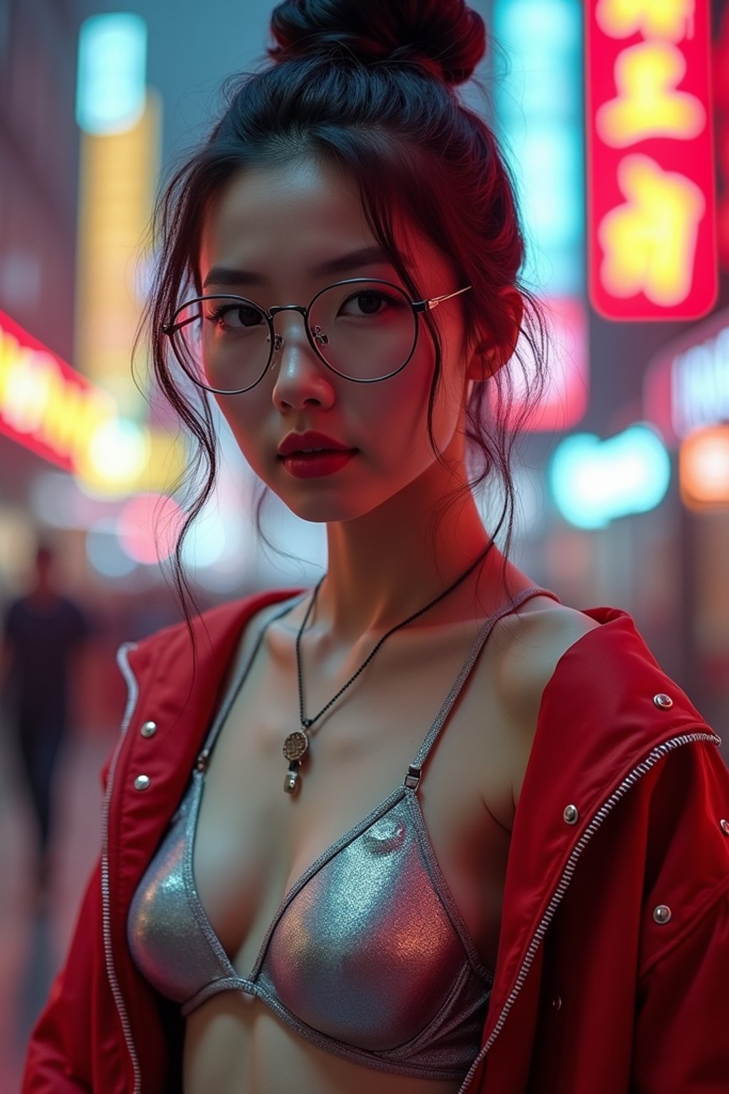 a detailed portrait of intelligent woman actress with thin frame hipster glasses wearing silver bikini and jacket, in a cyberpunk bladerunner vaporwave city, (cyberpunk), city from year 2300, red lights neon, 90s hair bun style,