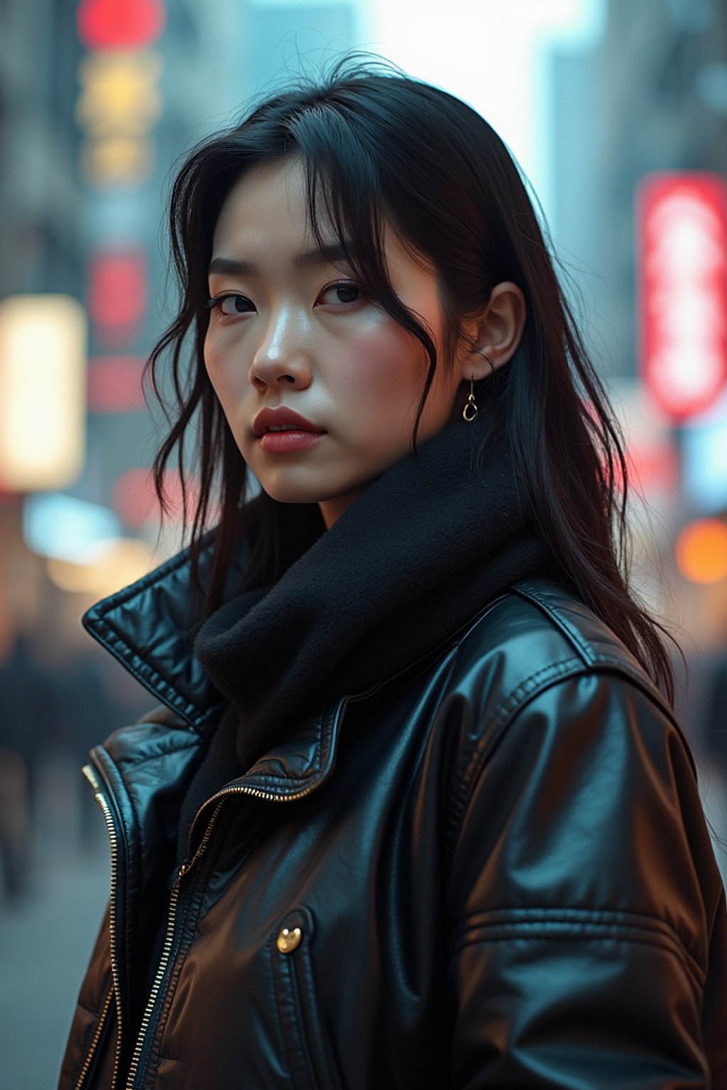 a detailed portrait of hot sexy woman actress wearing jacket, standing in street pose for photo, confident, in a cyberpunk bladerunner vaporwave city, (cyberpunk), city from year 2300