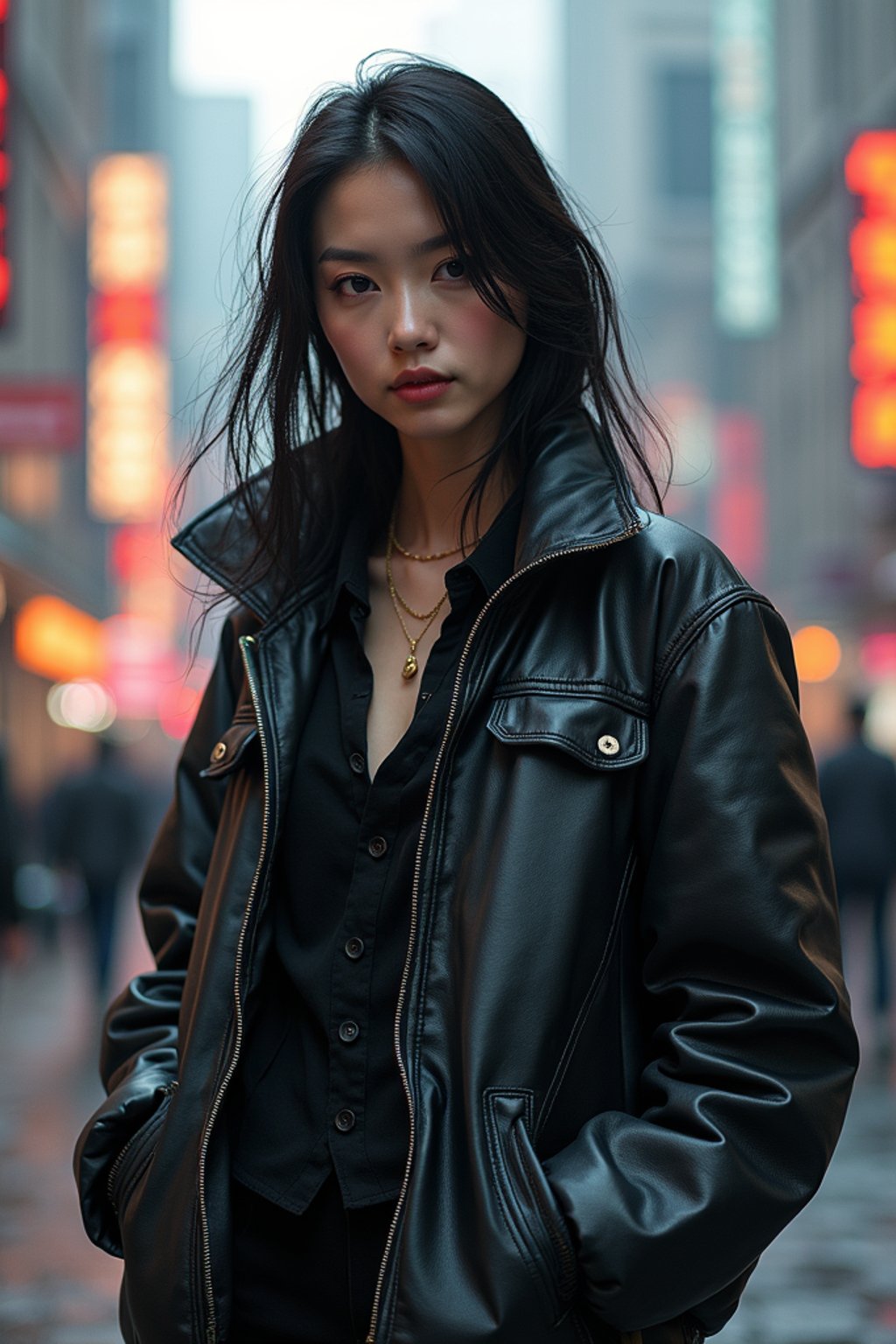 a detailed portrait of hot sexy woman actress wearing jacket, standing in street pose for photo, confident, in a cyberpunk bladerunner vaporwave city, (cyberpunk), city from year 2300