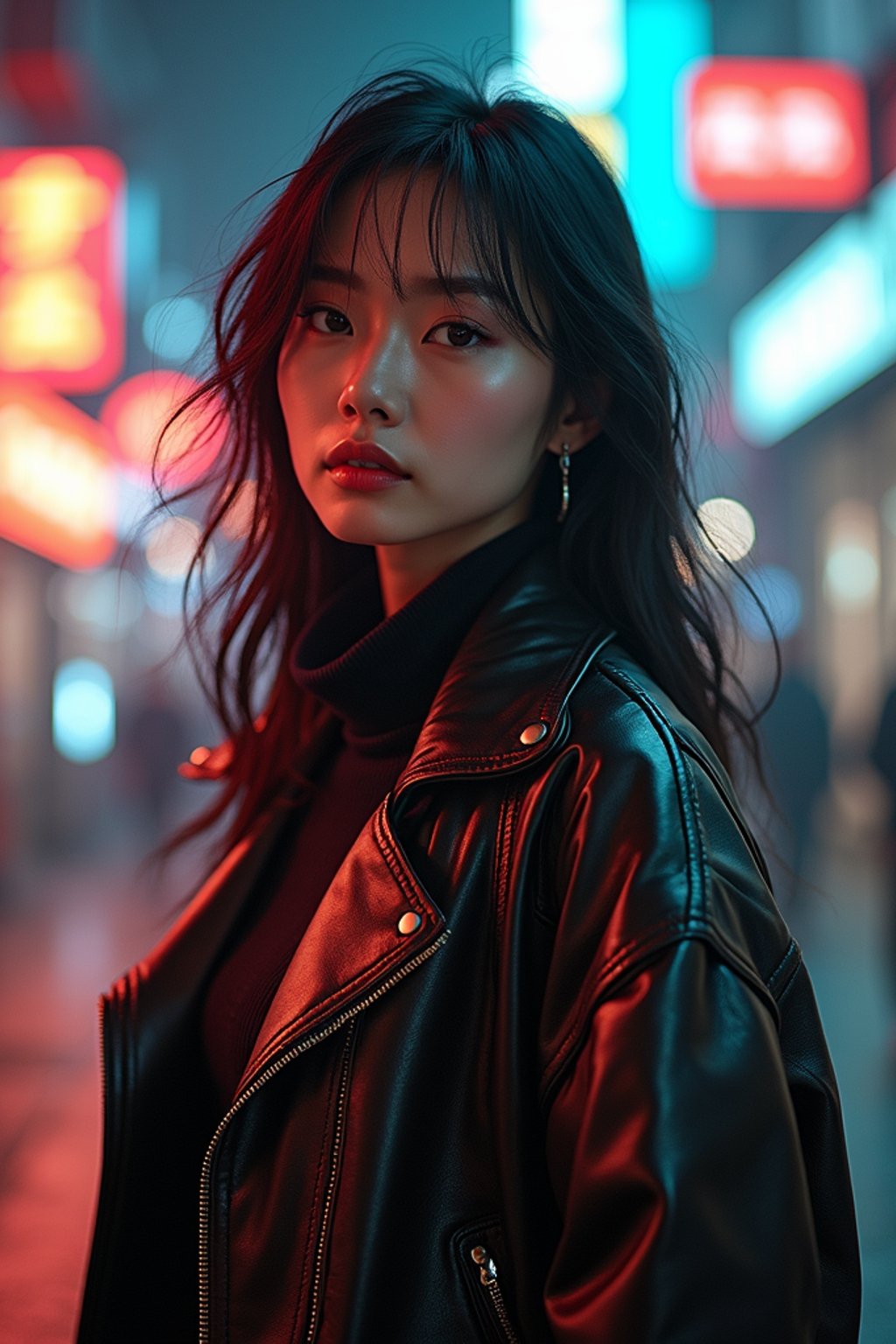 a detailed portrait of hot sexy woman actress wearing jacket, standing in street pose for photo, confident, in a cyberpunk bladerunner vaporwave city, (cyberpunk), city from year 2300