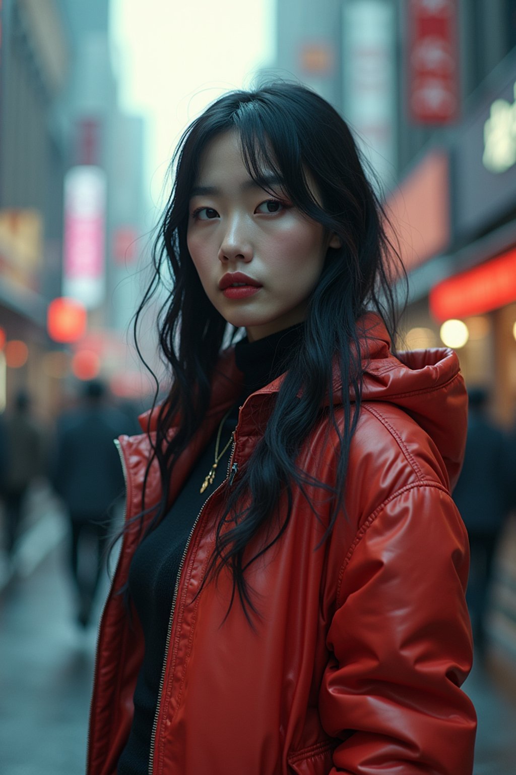 a detailed portrait of hot sexy woman actress wearing jacket, standing in street pose for photo, confident, in a cyberpunk bladerunner vaporwave city, (cyberpunk), city from year 2300