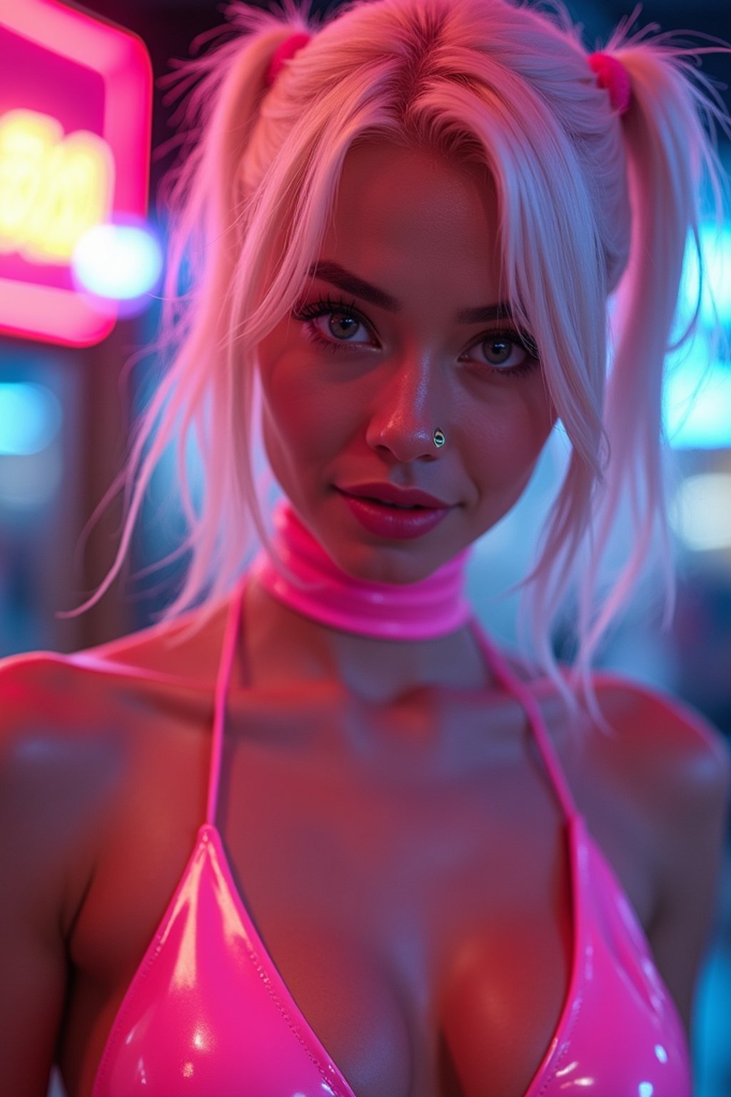 woman with platinum blonde hair, in neon bar, cyberpunk, pink latex bikini or bathing suit, professional award winning photography, beautiful detailed eyes, highly detailed glossy eyes, high detailed skin, skin pores