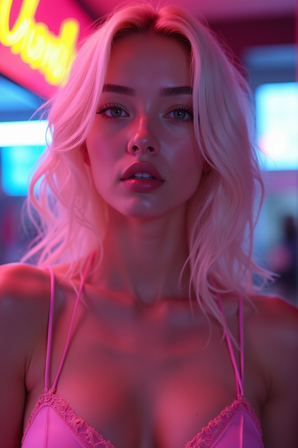 woman with platinum blonde hair, in neon bar, cyberpunk, pink latex bikini or bathing suit, professional award winning photography, beautiful detailed eyes, highly detailed glossy eyes, high detailed skin, skin pores