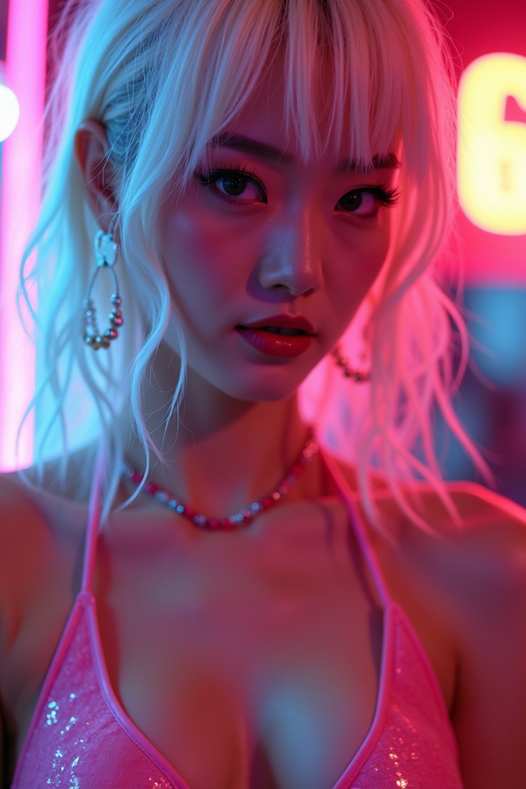 woman with platinum blonde hair, in neon bar, cyberpunk, pink latex bikini or bathing suit, professional award winning photography, beautiful detailed eyes, highly detailed glossy eyes, high detailed skin, skin pores