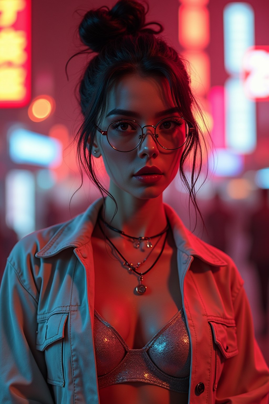 a detailed portrait of intelligent woman actress with thin frame hipster glasses wearing silver bikini and jacket, in a cyberpunk bladerunner vaporwave city, (cyberpunk), city from year 2300, red lights neon, 90s hair bun style,