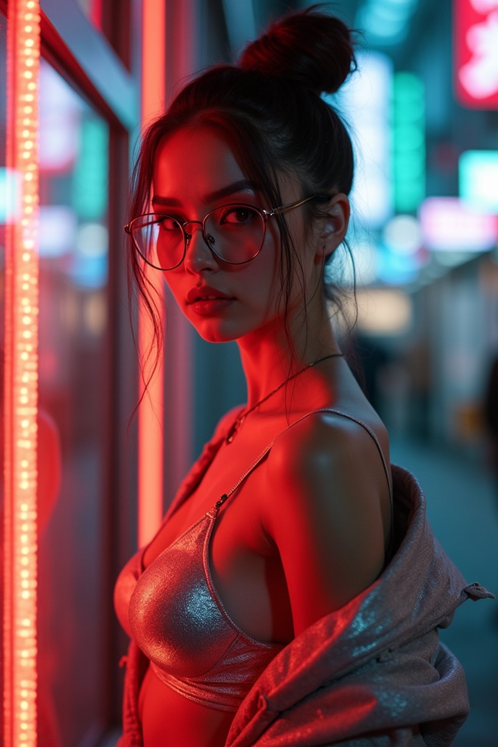 a detailed portrait of intelligent woman actress with thin frame hipster glasses wearing silver bikini and jacket, in a cyberpunk bladerunner vaporwave city, (cyberpunk), city from year 2300, red lights neon, 90s hair bun style,