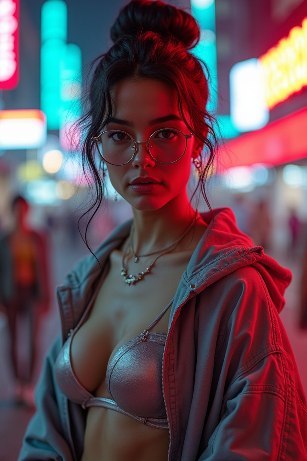 a detailed portrait of intelligent woman actress with thin frame hipster glasses wearing silver bikini and jacket, in a cyberpunk bladerunner vaporwave city, (cyberpunk), city from year 2300, red lights neon, 90s hair bun style,