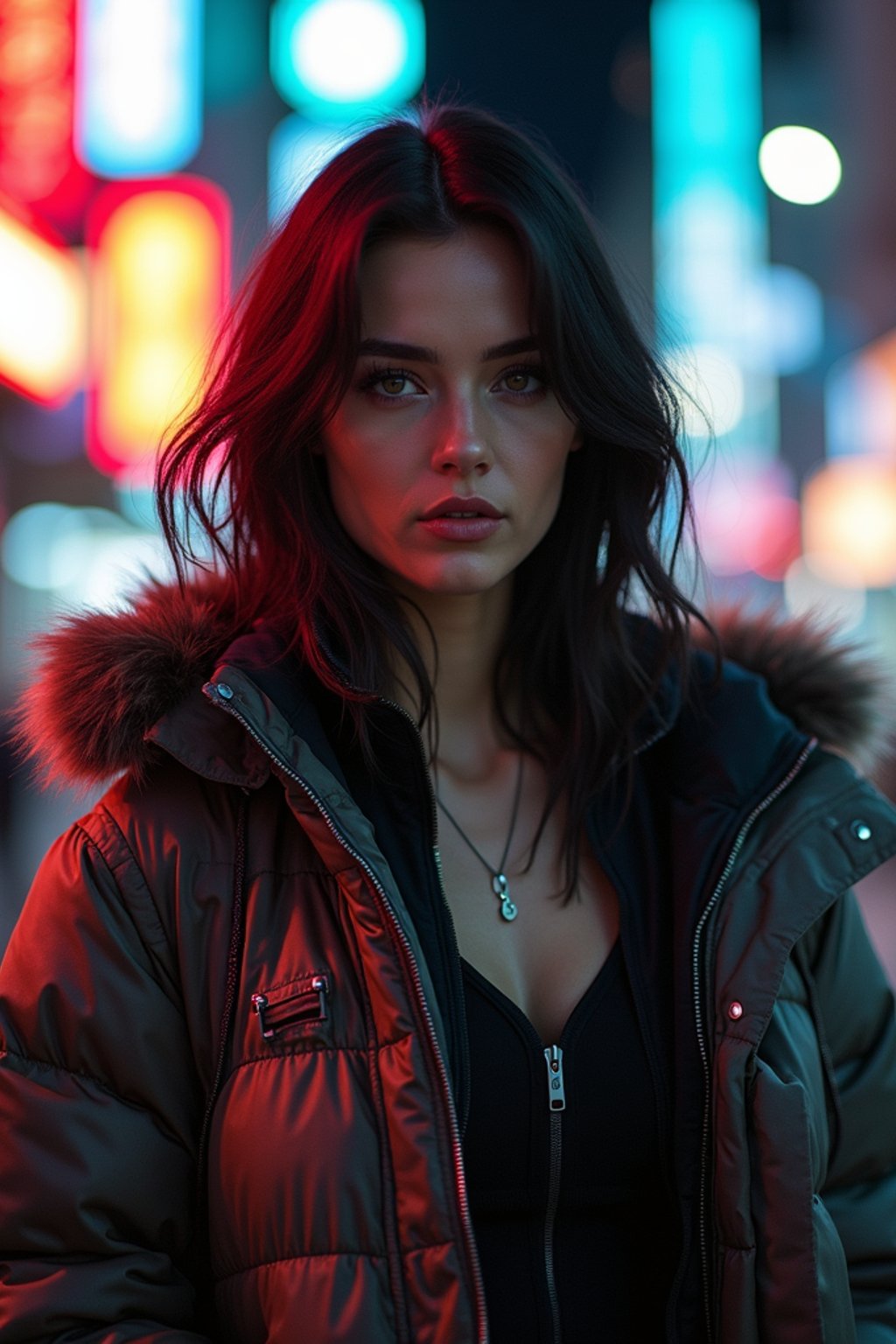 a detailed portrait of hot sexy woman actress wearing jacket, standing in street pose for photo, confident, in a cyberpunk bladerunner vaporwave city, (cyberpunk), city from year 2300