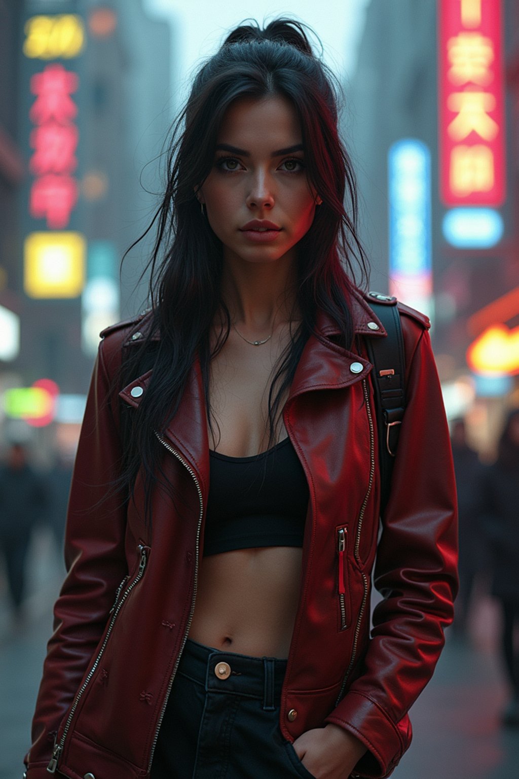 a detailed portrait of hot sexy woman actress wearing jacket, standing in street pose for photo, confident, in a cyberpunk bladerunner vaporwave city, (cyberpunk), city from year 2300