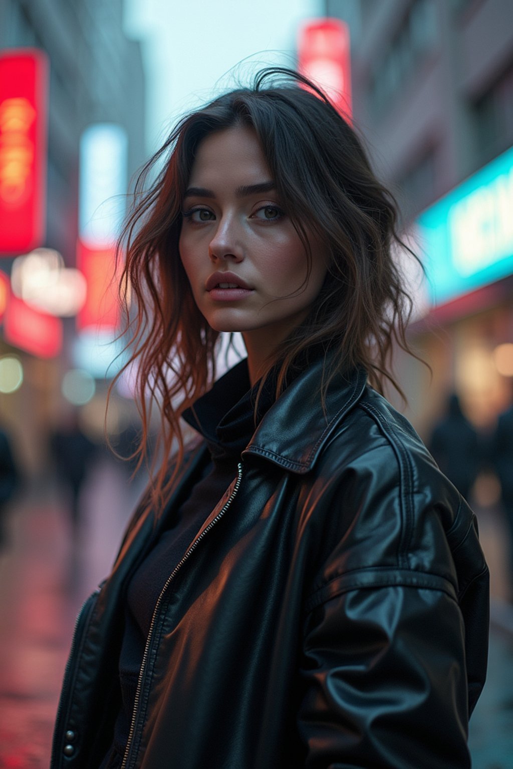 a detailed portrait of hot sexy woman actress wearing jacket, standing in street pose for photo, confident, in a cyberpunk bladerunner vaporwave city, (cyberpunk), city from year 2300