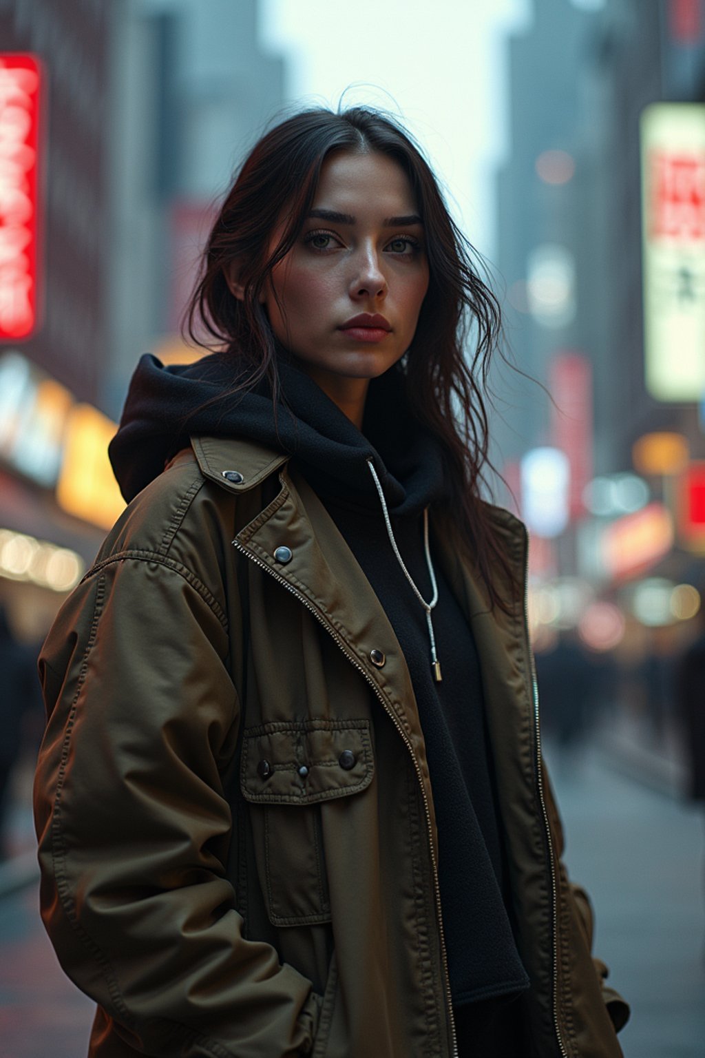 a detailed portrait of hot sexy woman actress wearing jacket, standing in street pose for photo, confident, in a cyberpunk bladerunner vaporwave city, (cyberpunk), city from year 2300