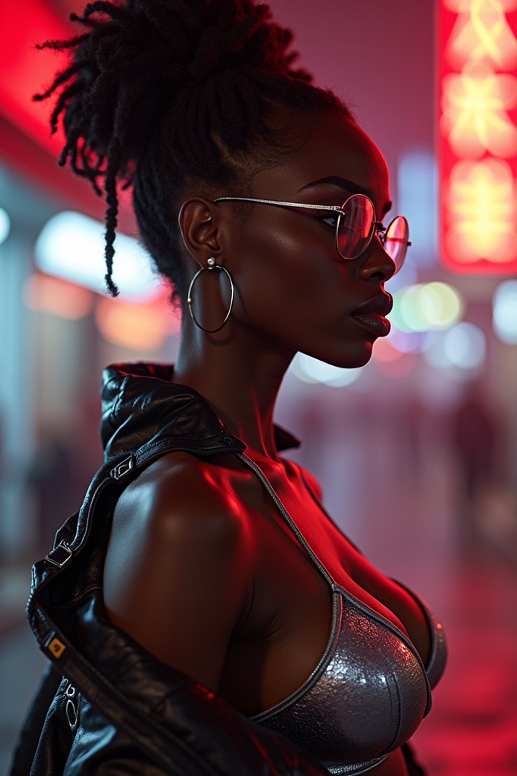 a detailed portrait of intelligent woman actress with thin frame hipster glasses wearing silver bikini and jacket, in a cyberpunk bladerunner vaporwave city, (cyberpunk), city from year 2300, red lights neon, 90s hair bun style,