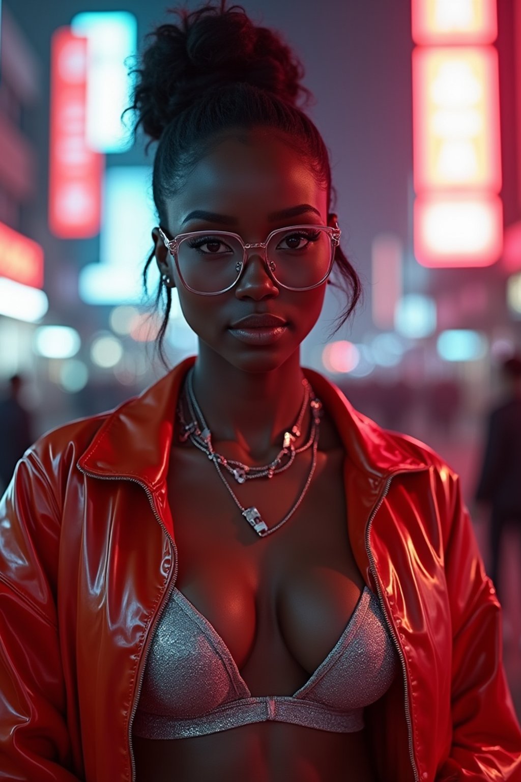 a detailed portrait of intelligent woman actress with thin frame hipster glasses wearing silver bikini and jacket, in a cyberpunk bladerunner vaporwave city, (cyberpunk), city from year 2300, red lights neon, 90s hair bun style,