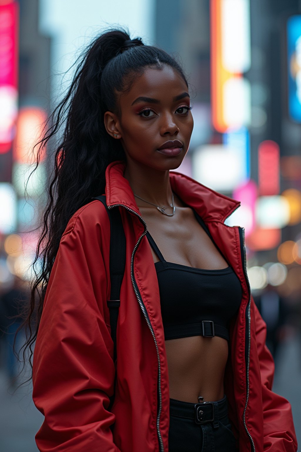 a detailed portrait of hot sexy woman actress wearing jacket, standing in street pose for photo, confident, in a cyberpunk bladerunner vaporwave city, (cyberpunk), city from year 2300