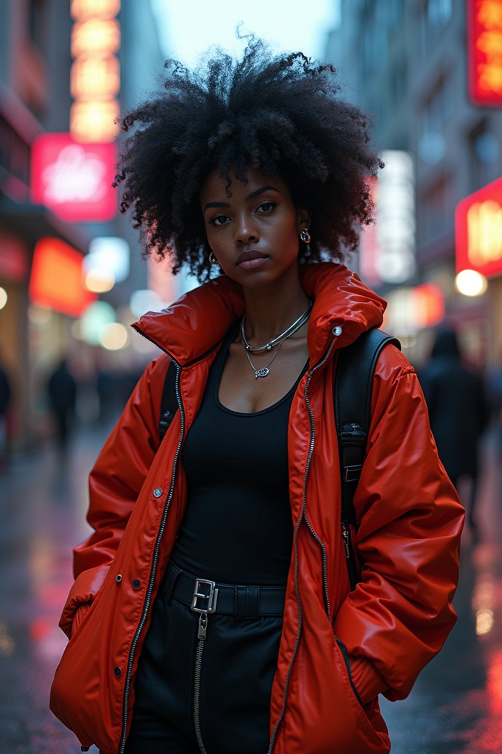 a detailed portrait of hot sexy woman actress wearing jacket, standing in street pose for photo, confident, in a cyberpunk bladerunner vaporwave city, (cyberpunk), city from year 2300