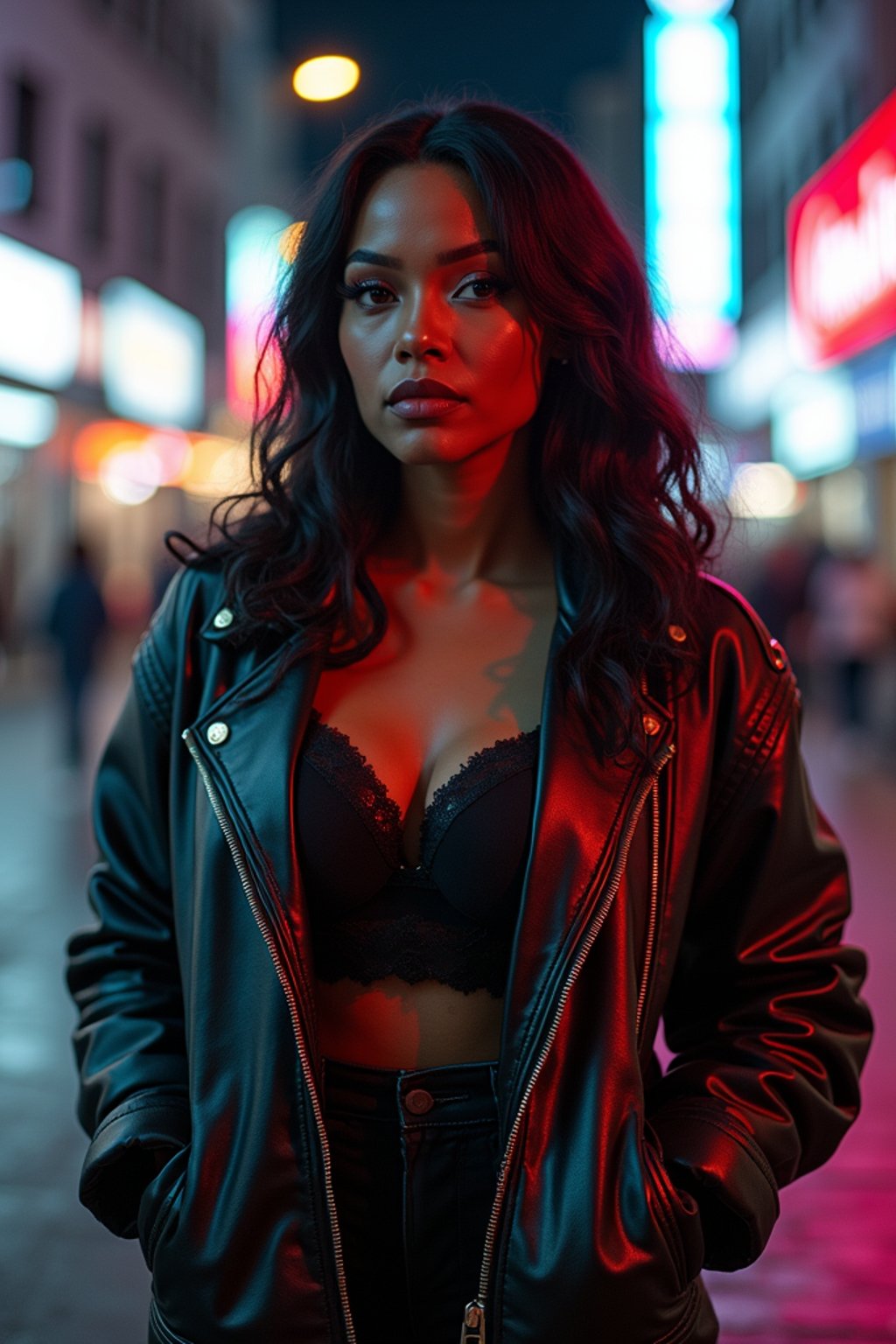 a detailed portrait of hot sexy woman actress wearing jacket, standing in street pose for photo, confident, in a cyberpunk bladerunner vaporwave city, (cyberpunk), city from year 2300