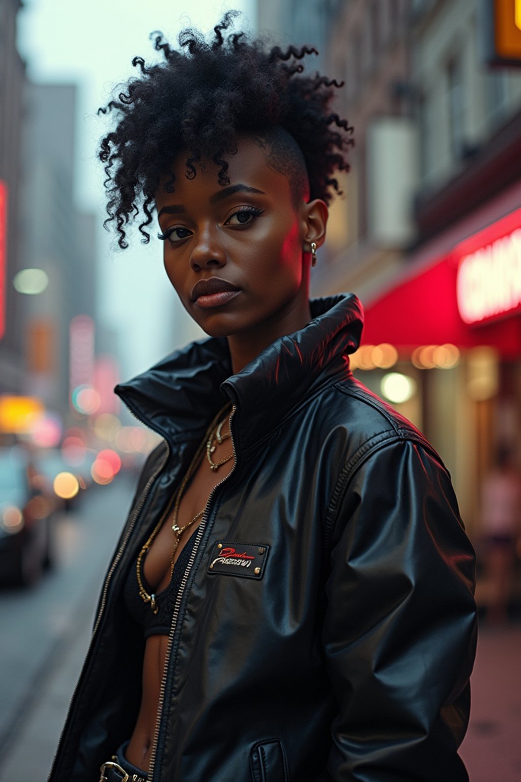 a detailed portrait of hot sexy woman actress wearing jacket, standing in street pose for photo, confident, in a cyberpunk bladerunner vaporwave city, (cyberpunk), city from year 2300