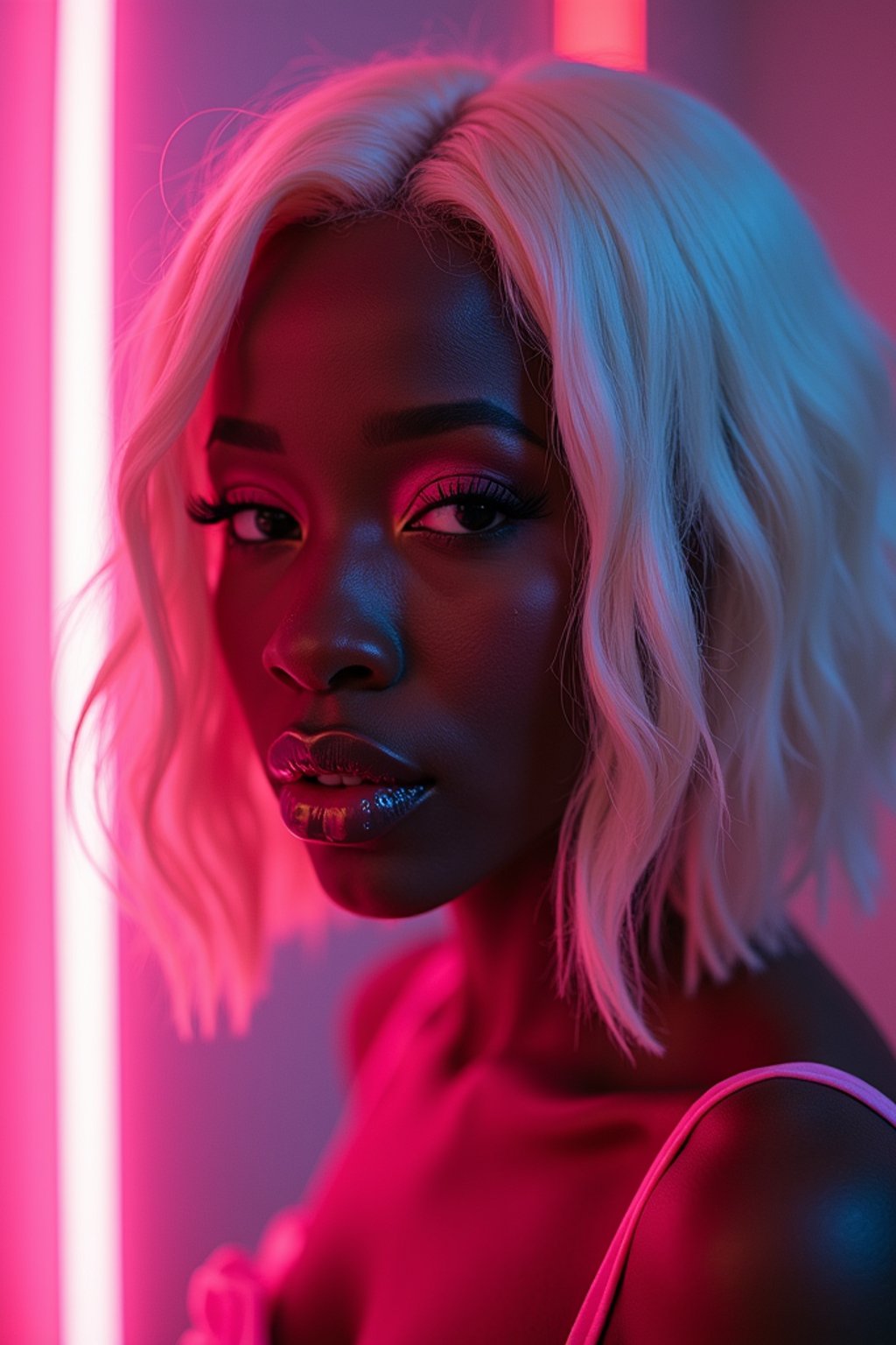 woman with platinum blonde hair, in neon bar, cyberpunk, pink latex bikini or bathing suit, professional award winning photography, beautiful detailed eyes, highly detailed glossy eyes, high detailed skin, skin pores