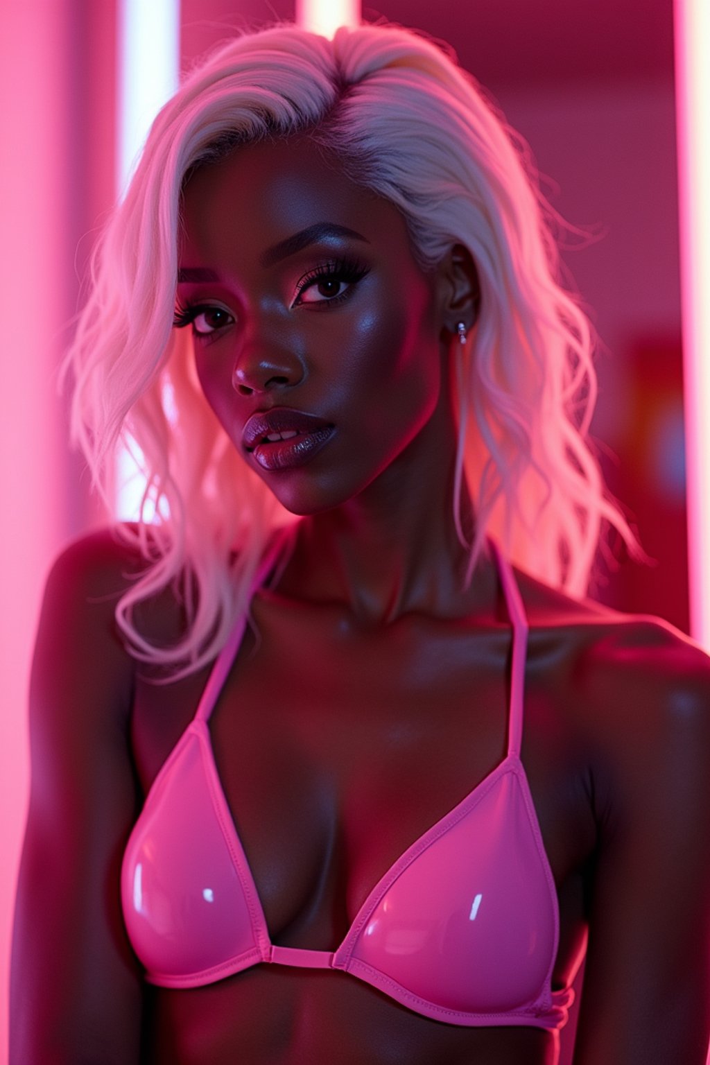 woman with platinum blonde hair, in neon bar, cyberpunk, pink latex bikini or bathing suit, professional award winning photography, beautiful detailed eyes, highly detailed glossy eyes, high detailed skin, skin pores