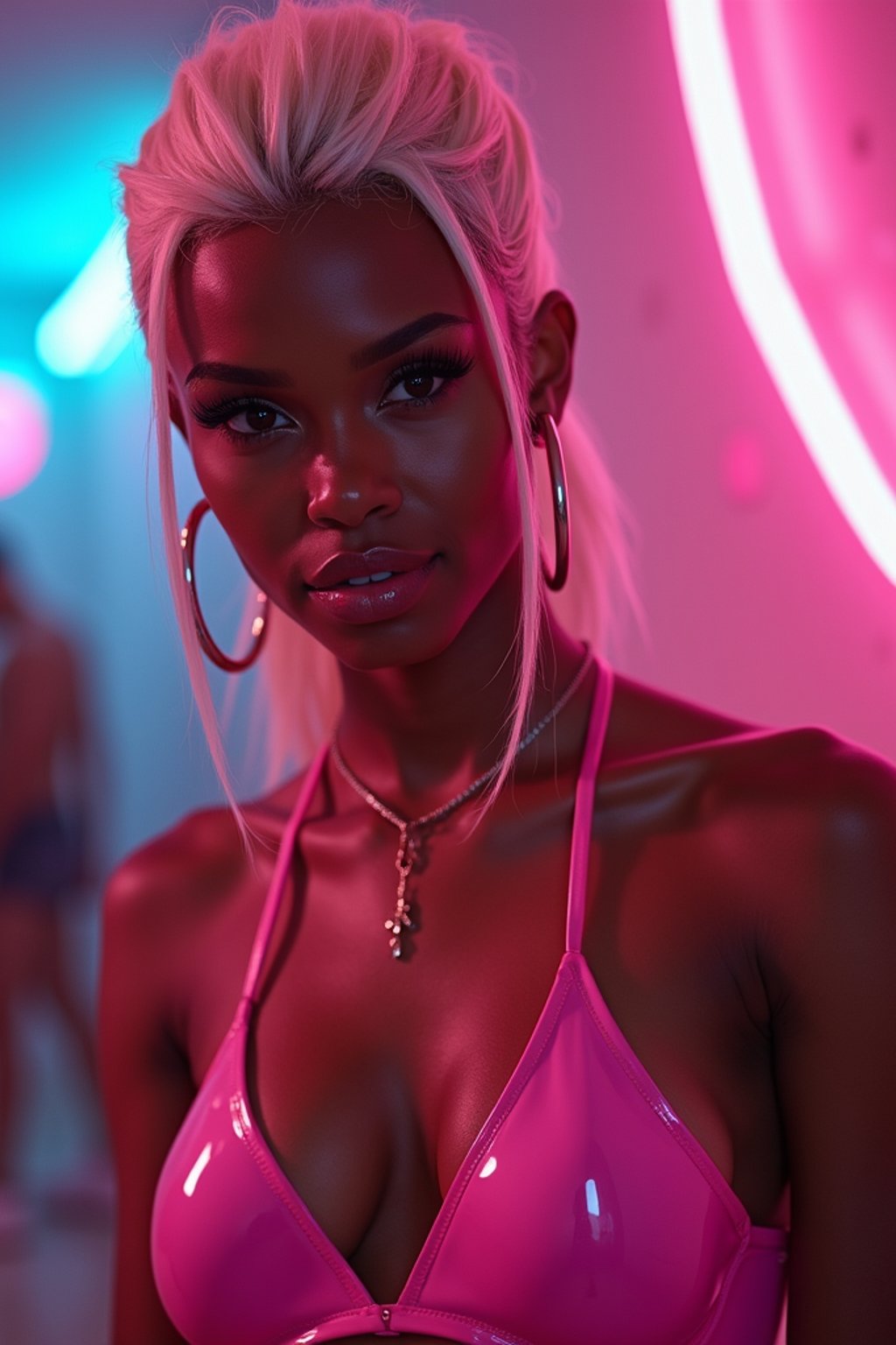 woman with platinum blonde hair, in neon bar, cyberpunk, pink latex bikini or bathing suit, professional award winning photography, beautiful detailed eyes, highly detailed glossy eyes, high detailed skin, skin pores