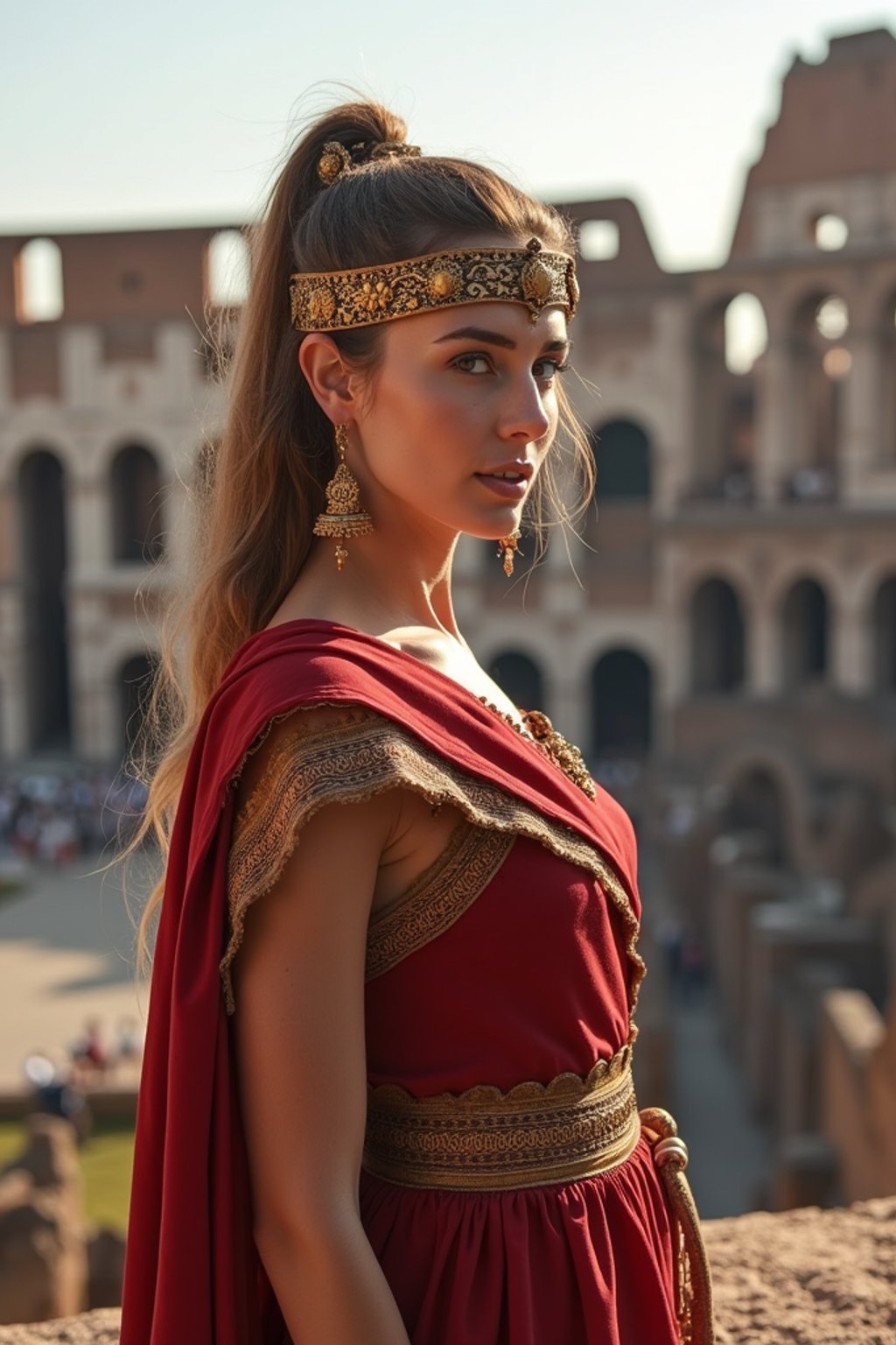 stunning and historical  woman in Rome wearing a traditional Roman stola/toga, Colosseum in the background