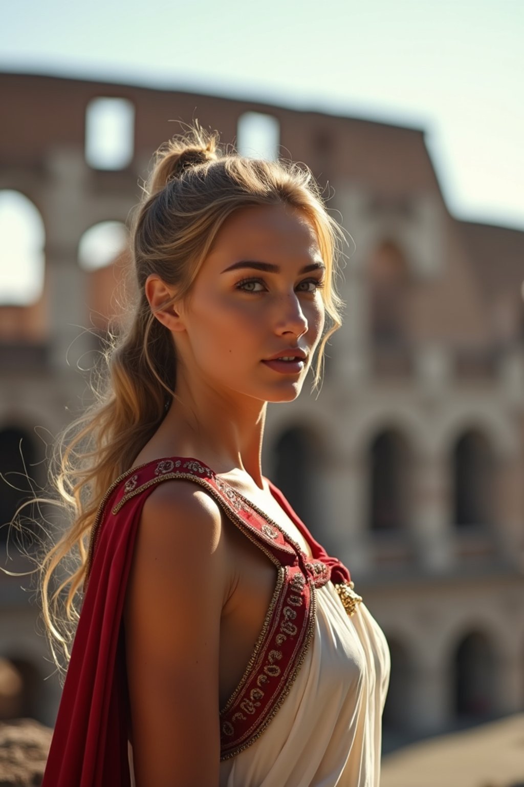 stunning and historical  woman in Rome wearing a traditional Roman stola/toga, Colosseum in the background