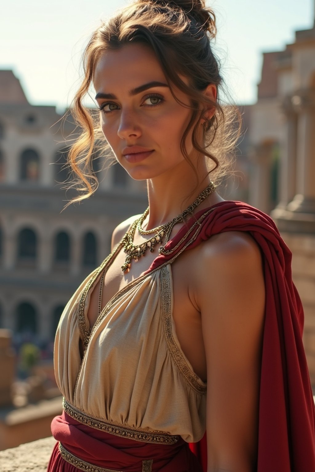 stunning and historical  woman in Rome wearing a traditional Roman stola/toga, Colosseum in the background