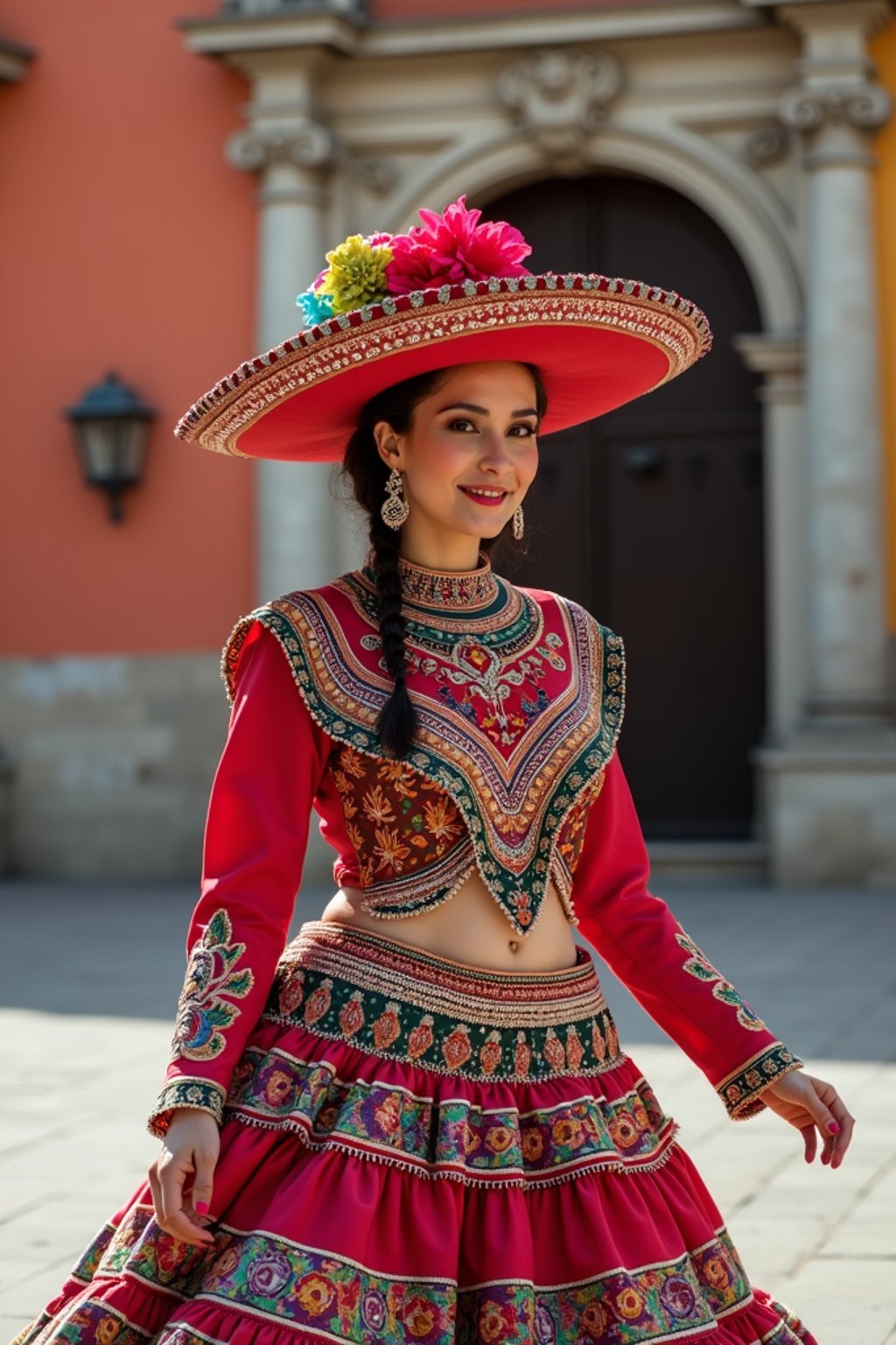 colorful and cultural  woman in Mexico City wearing a traditional charro suit/china poblana, Frida Kahlo Museum in the background