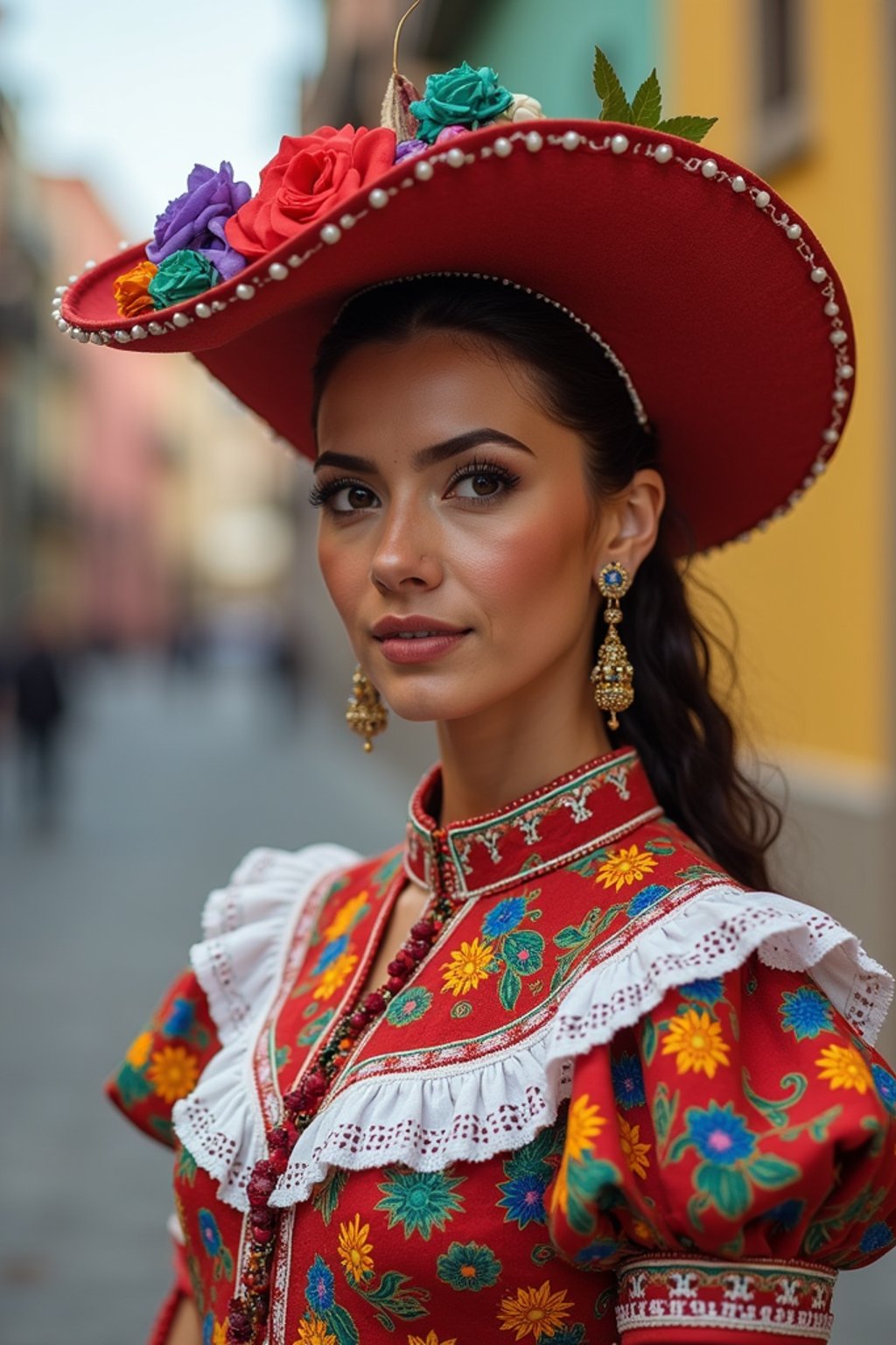 colorful and cultural  woman in Mexico City wearing a traditional charro suit/china poblana, Frida Kahlo Museum in the background