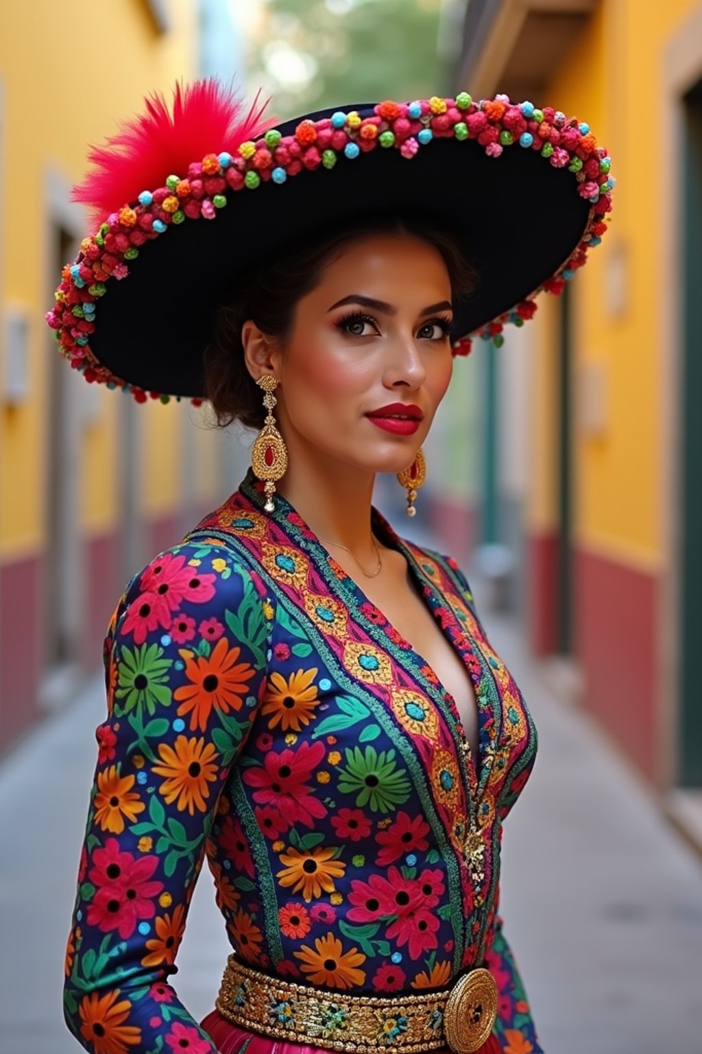 colorful and cultural  woman in Mexico City wearing a traditional charro suit/china poblana, Frida Kahlo Museum in the background