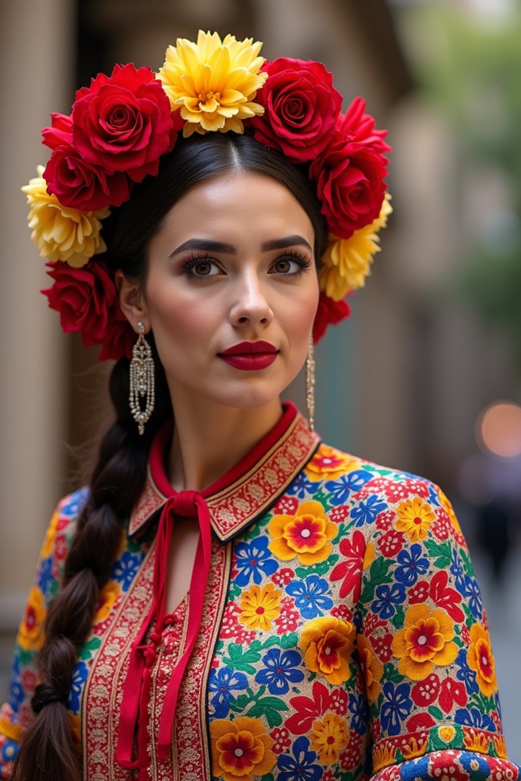 colorful and cultural  woman in Mexico City wearing a traditional charro suit/china poblana, Frida Kahlo Museum in the background