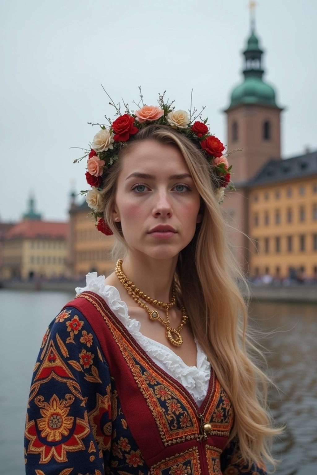 traditional  woman in Stockholm wearing a Swedish folkdräkt, Stockholm Palace in the background