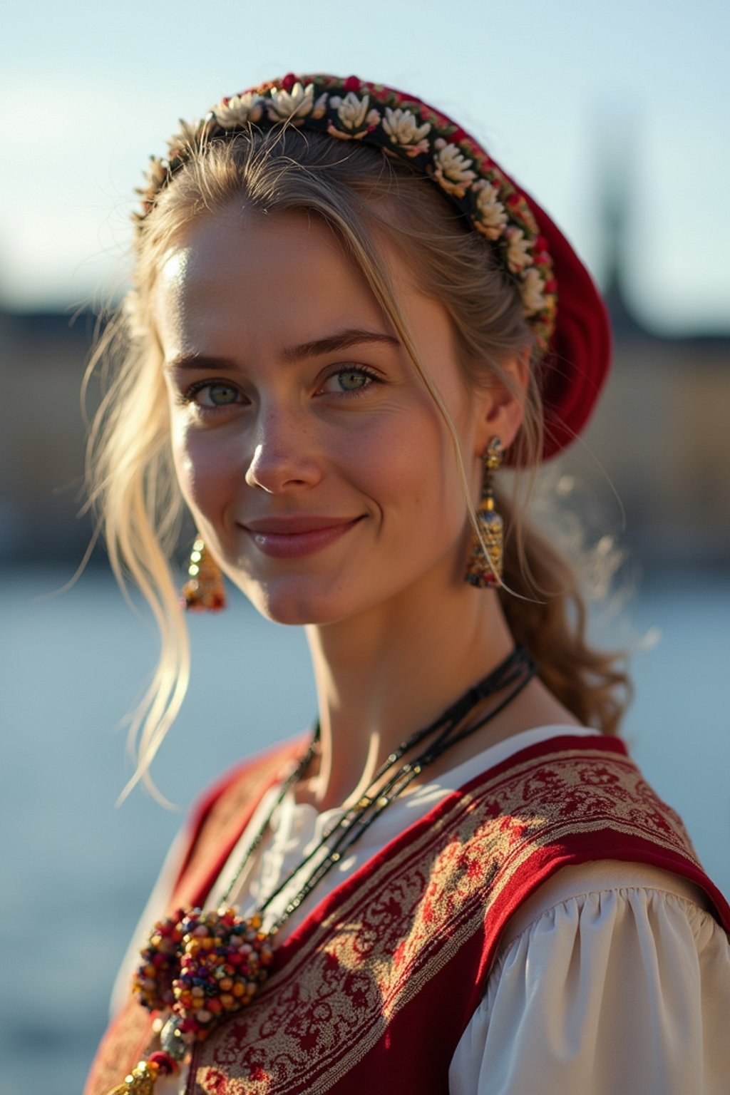 traditional  woman in Stockholm wearing a Swedish folkdräkt, Stockholm Palace in the background