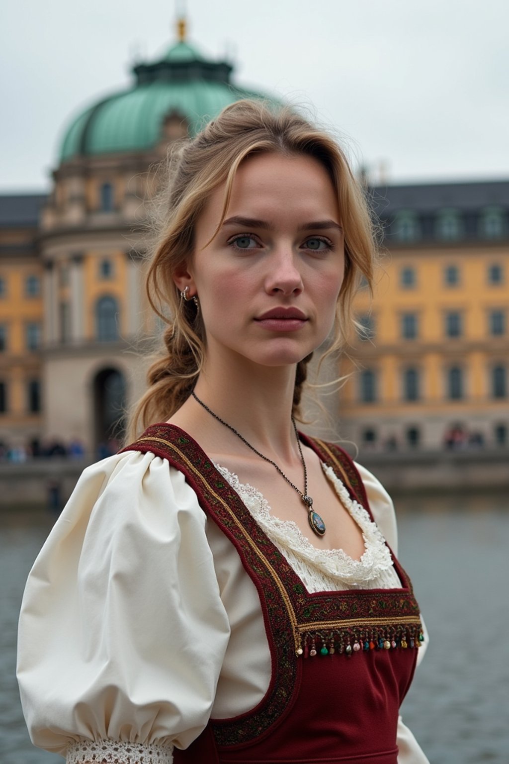 traditional  woman in Stockholm wearing a Swedish folkdräkt, Stockholm Palace in the background