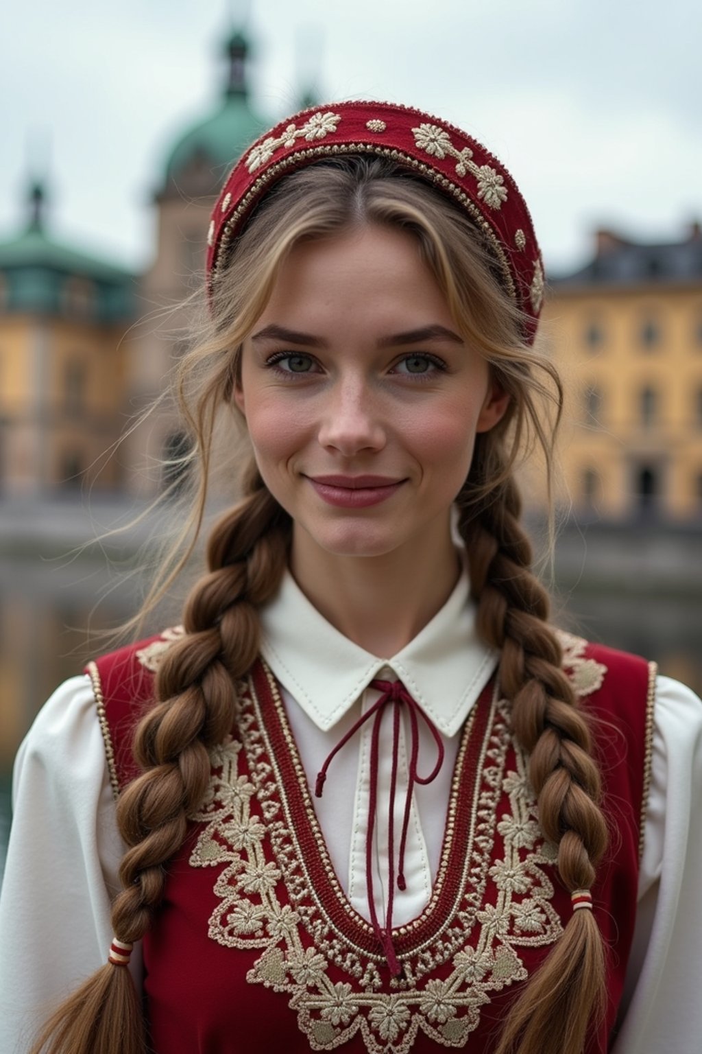 traditional  woman in Stockholm wearing a Swedish folkdräkt, Stockholm Palace in the background