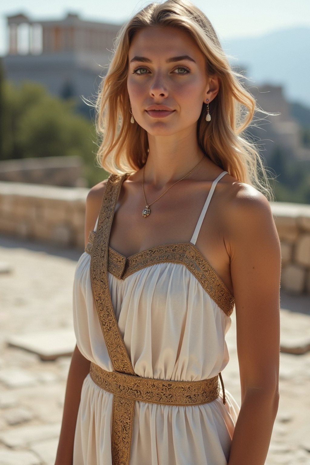 graceful and striking  woman in Athens wearing a traditional Evzone uniform/Amalia dress, Parthenon in the background