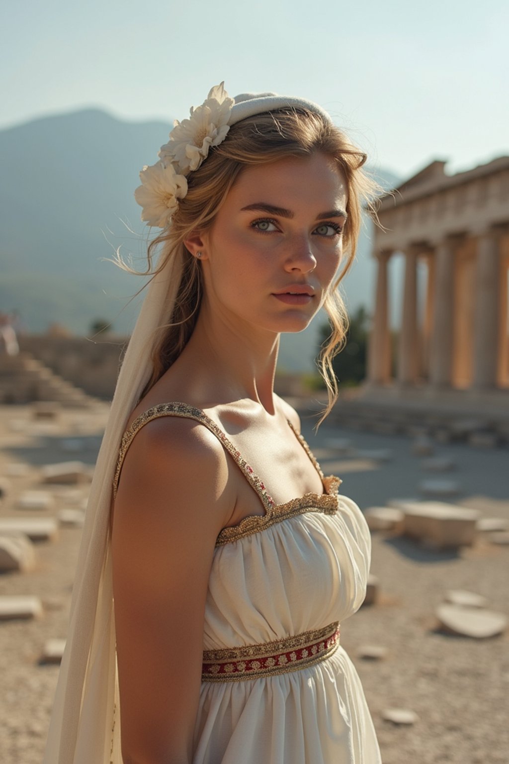 graceful and striking  woman in Athens wearing a traditional Evzone uniform/Amalia dress, Parthenon in the background