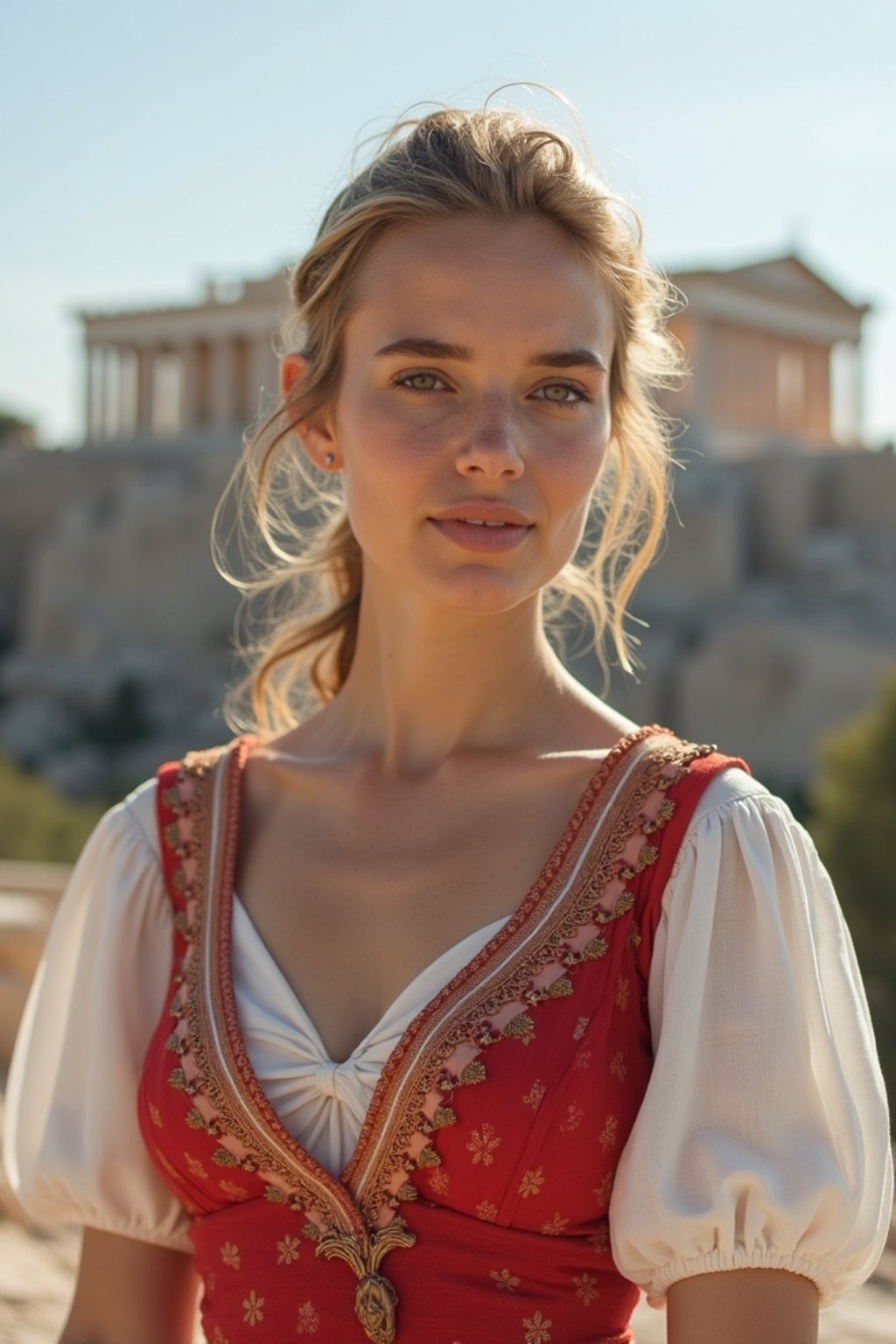 graceful and striking  woman in Athens wearing a traditional Evzone uniform/Amalia dress, Parthenon in the background