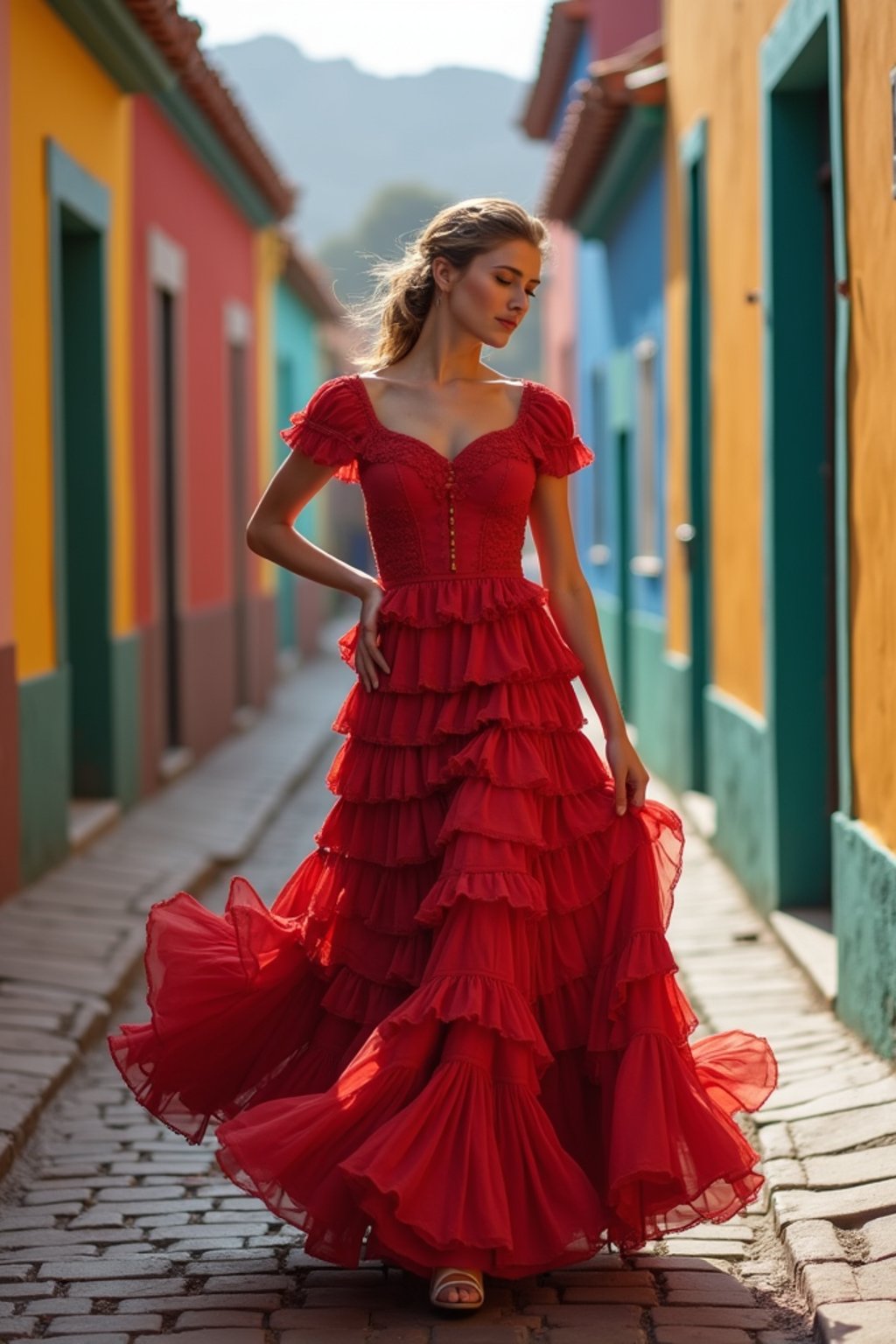 exquisite and traditional  woman in Buenos Aires wearing a tango dress/gaucho attire, colorful houses of La Boca neighborhood in the background