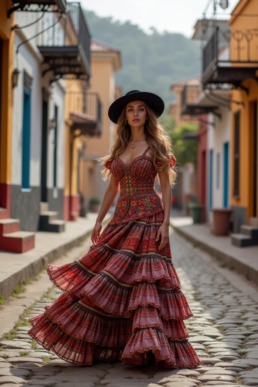 exquisite and traditional  woman in Buenos Aires wearing a tango dress/gaucho attire, colorful houses of La Boca neighborhood in the background