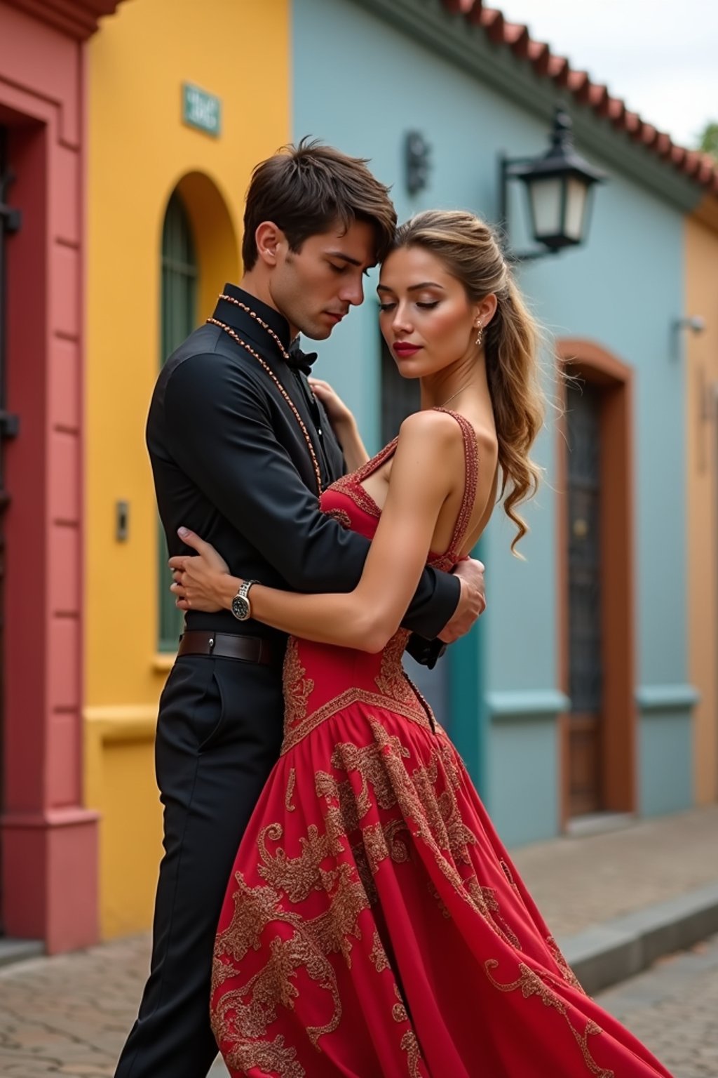 exquisite and traditional  woman in Buenos Aires wearing a tango dress/gaucho attire, colorful houses of La Boca neighborhood in the background