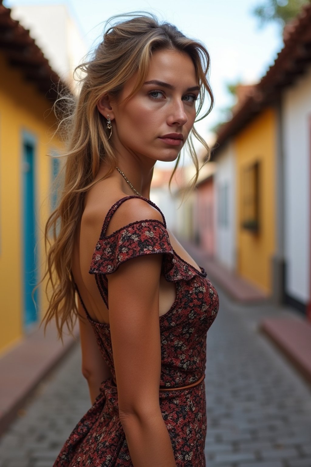 exquisite and traditional  woman in Buenos Aires wearing a tango dress/gaucho attire, colorful houses of La Boca neighborhood in the background