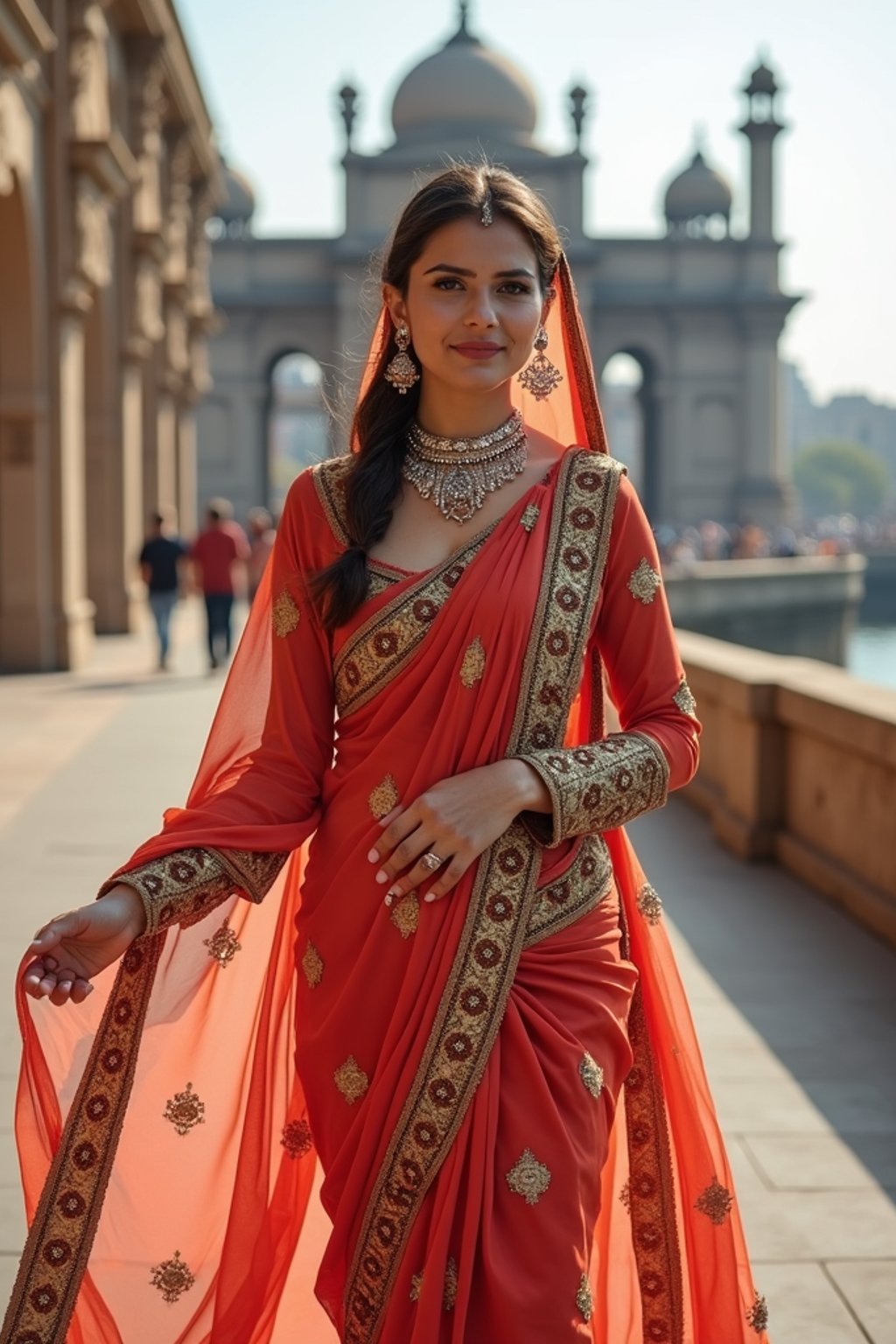 glamorous and traditional  woman in Mumbai wearing a vibrant Saree Sherwani, Gateway of India in the background