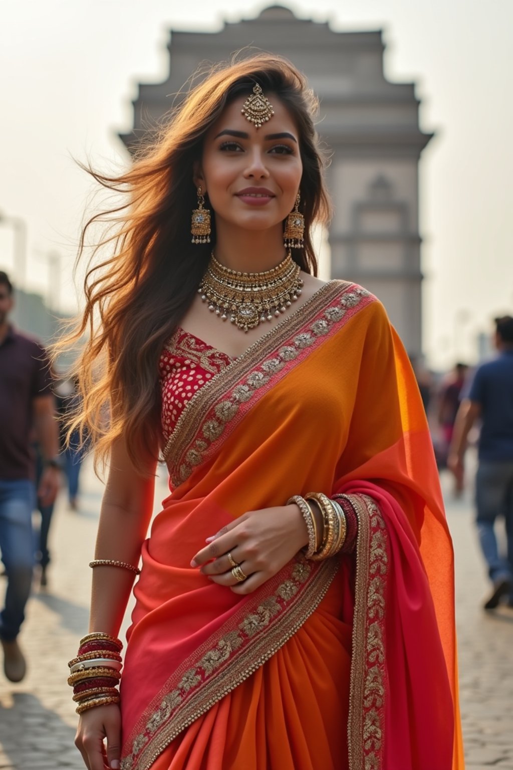 glamorous and traditional  woman in Mumbai wearing a vibrant Saree Sherwani, Gateway of India in the background