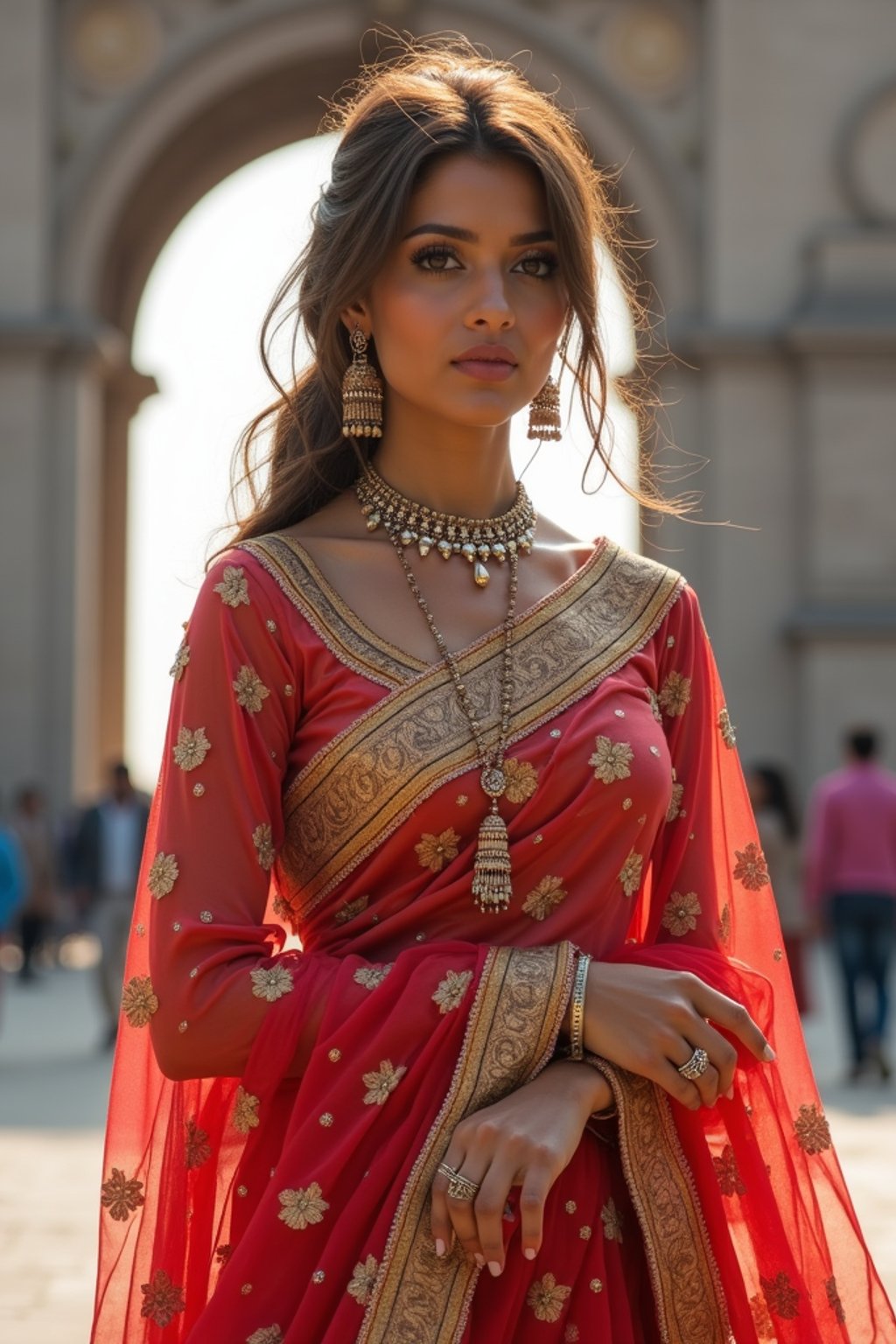 glamorous and traditional  woman in Mumbai wearing a vibrant Saree Sherwani, Gateway of India in the background