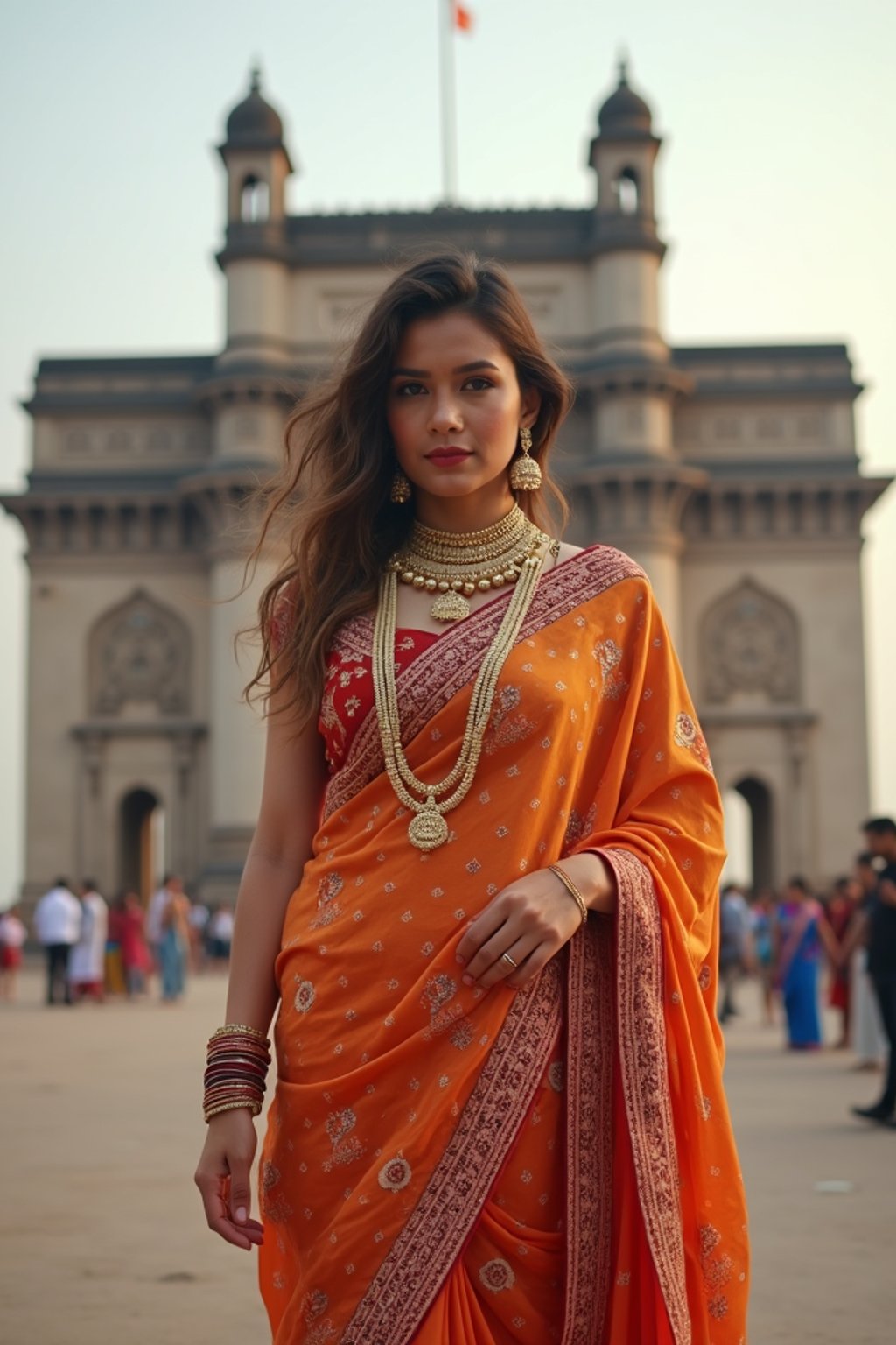 glamorous and traditional  woman in Mumbai wearing a vibrant Saree Sherwani, Gateway of India in the background