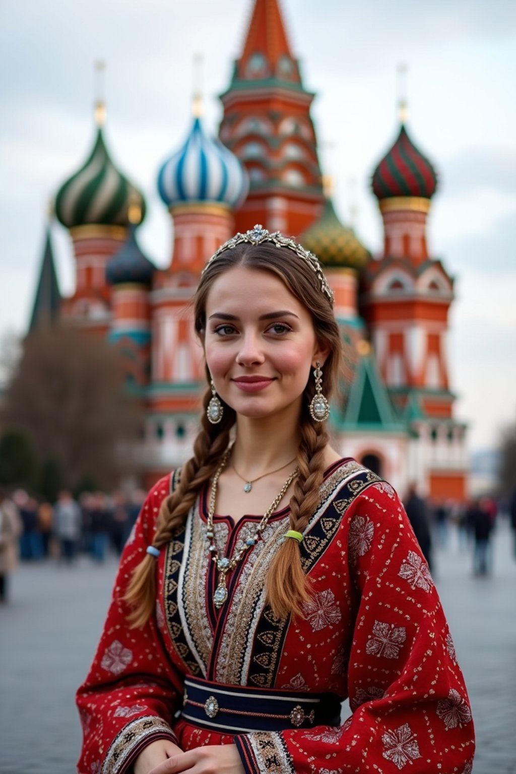 lovely and cultural  woman in Moscow wearing a traditional sarafan/kosovorotka, Saint Basil's Cathedral in the background