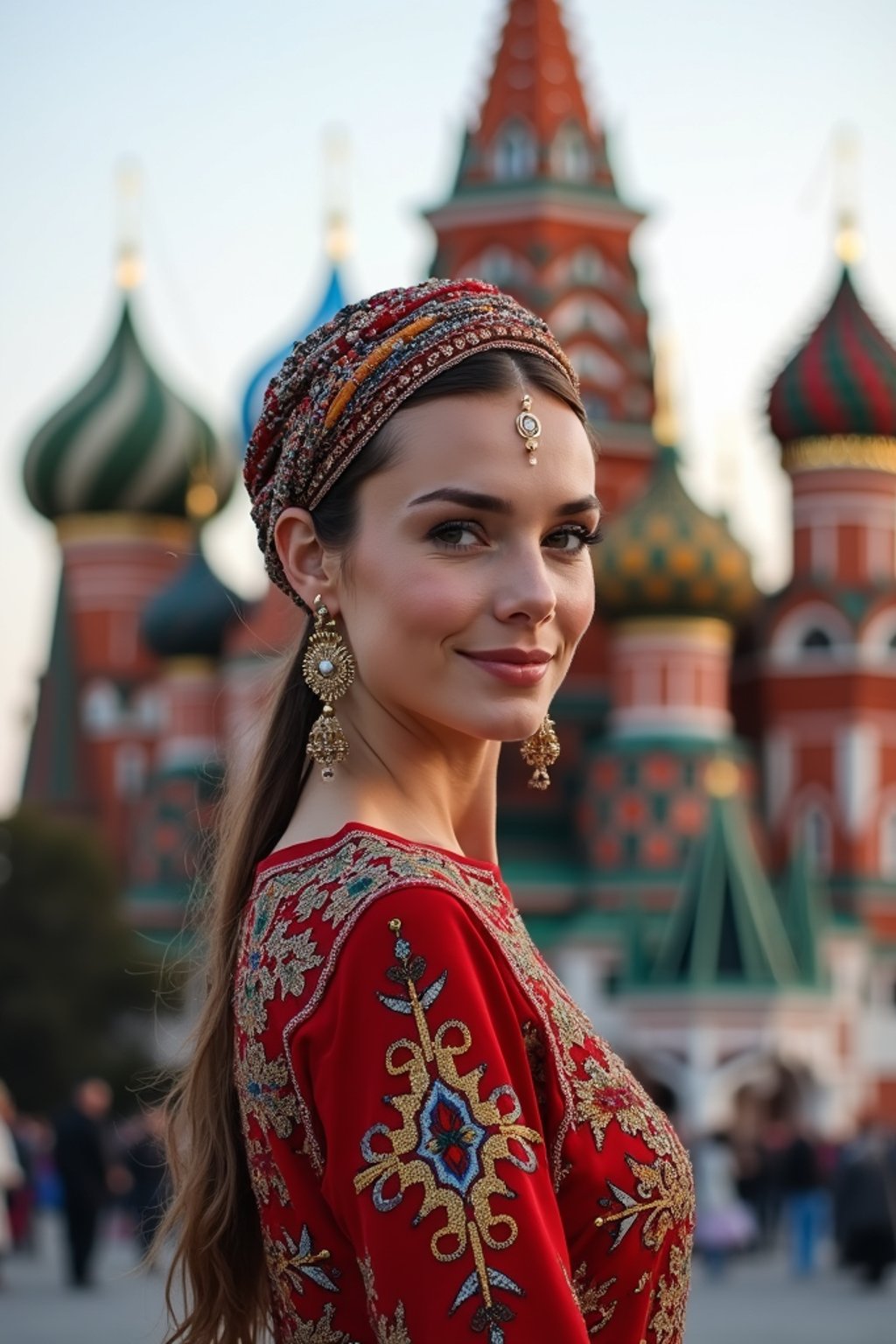 lovely and cultural  woman in Moscow wearing a traditional sarafan/kosovorotka, Saint Basil's Cathedral in the background